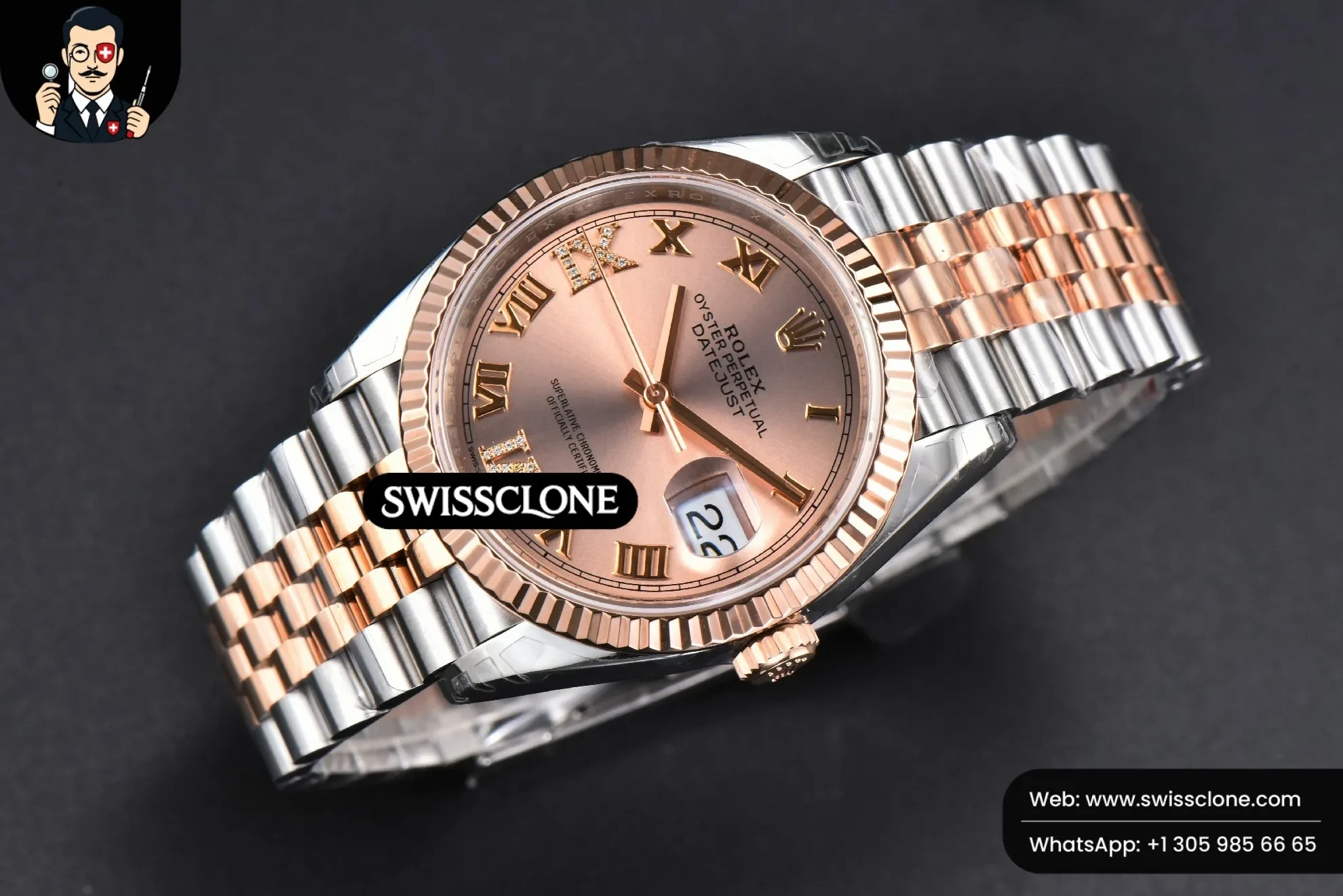 Rolex DateJust 36mm RG/SS 904L Diamond Roma Marker Jubilee VS3235 1:1 Super Clone - Dial Macro Close-Up