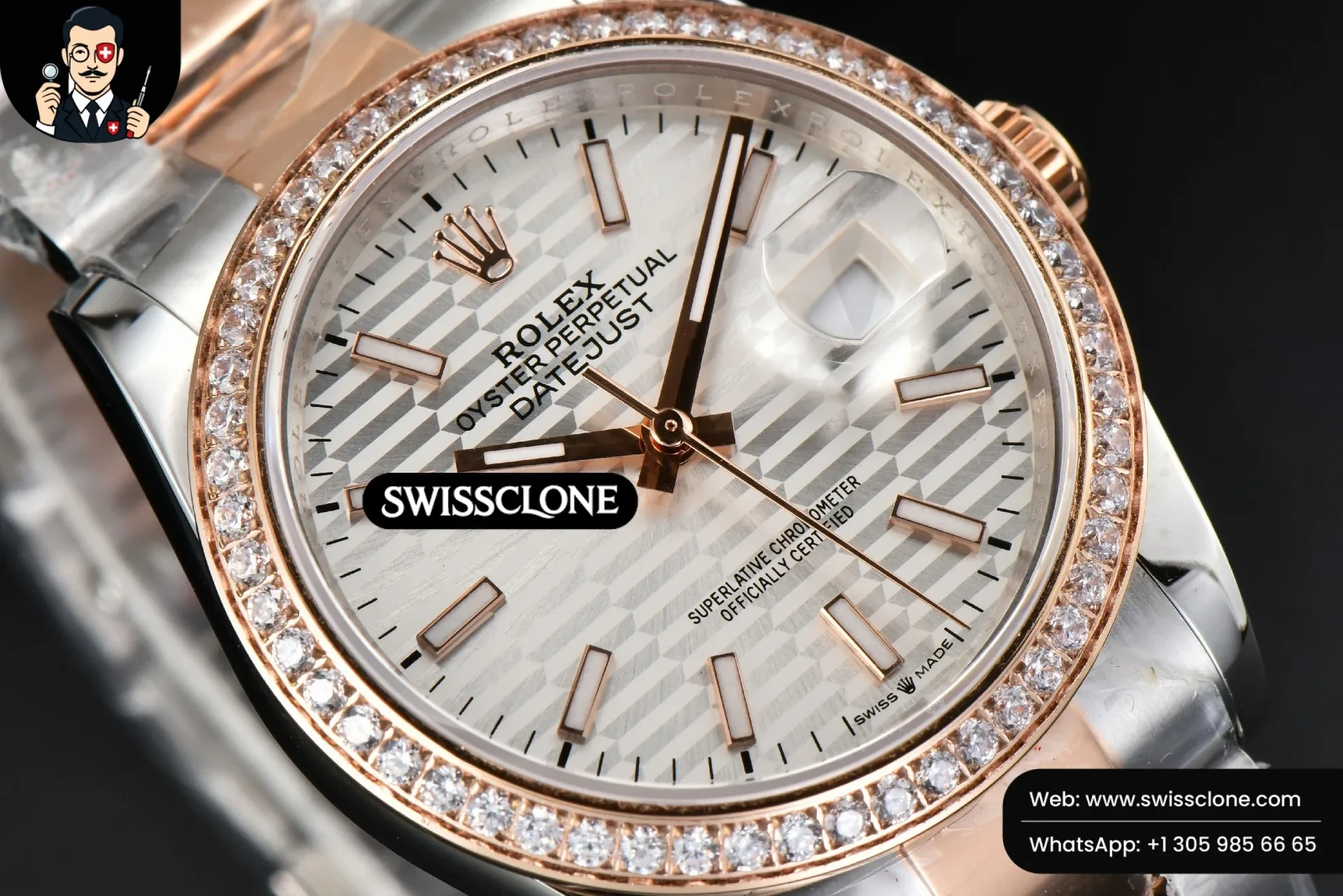 Rolex DateJust 36mm RG/SS Diamodn Bezel Silver Motif Dial Oyster 1:1 Super Clone - Lateral Case Thickness Profile