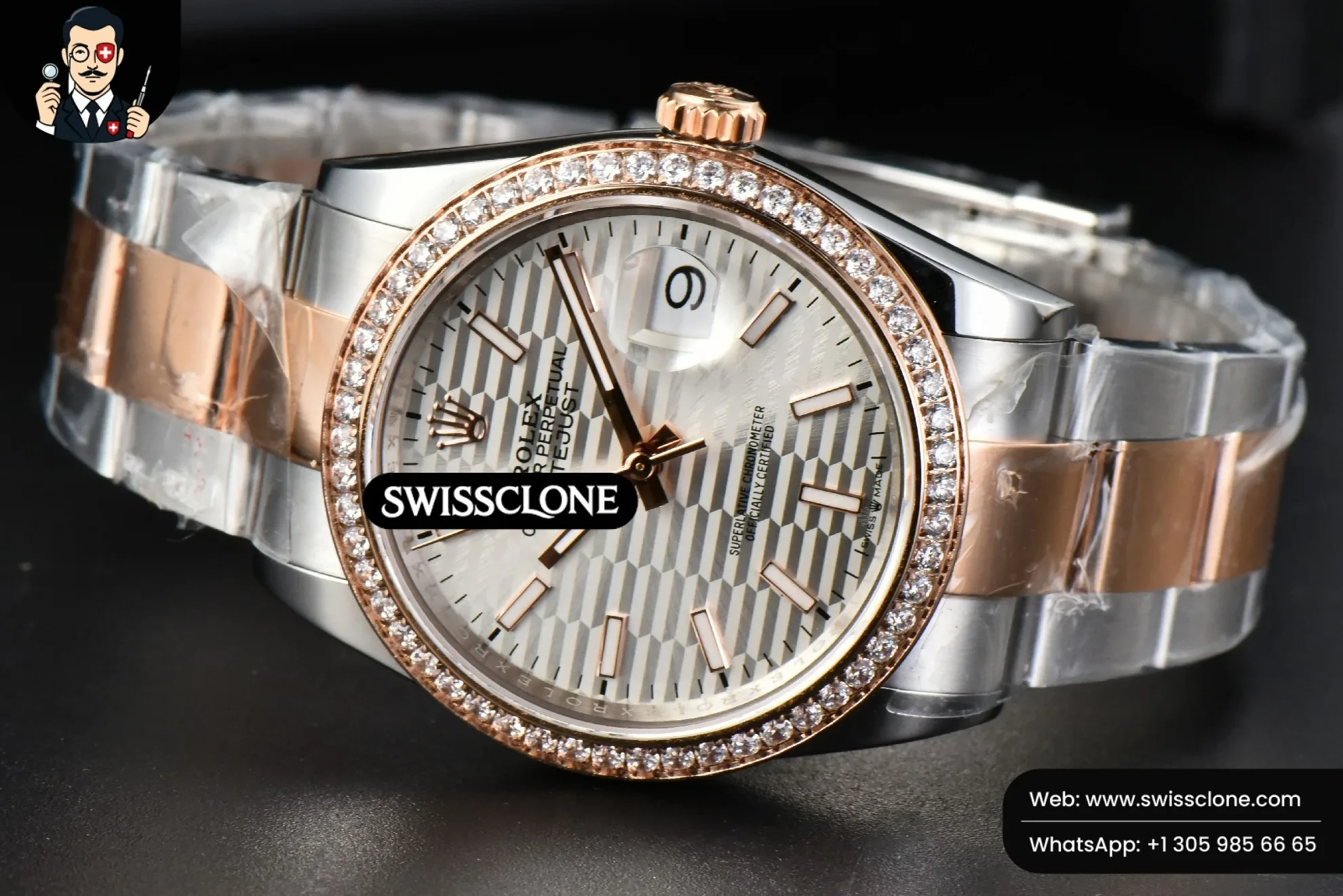 Rolex DateJust 36mm RG/SS Diamodn Bezel Silver Motif Dial Oyster 1:1 Super Clone - Bezel & Case Profile