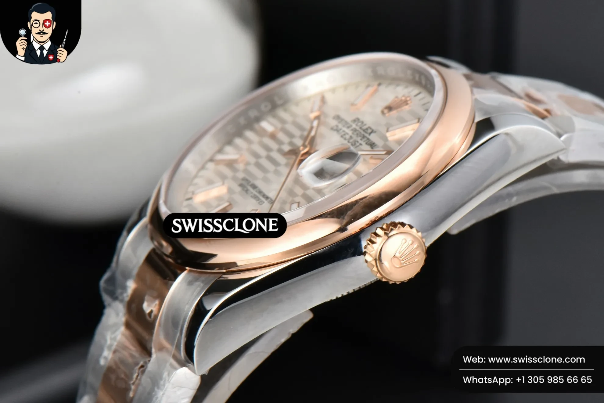 Rolex DateJust 36mm RG/SS Diamodn Bezel Silver Motif Dial Oyster 1:1 Super Clone - Caseback & Cloned Calibre Movement