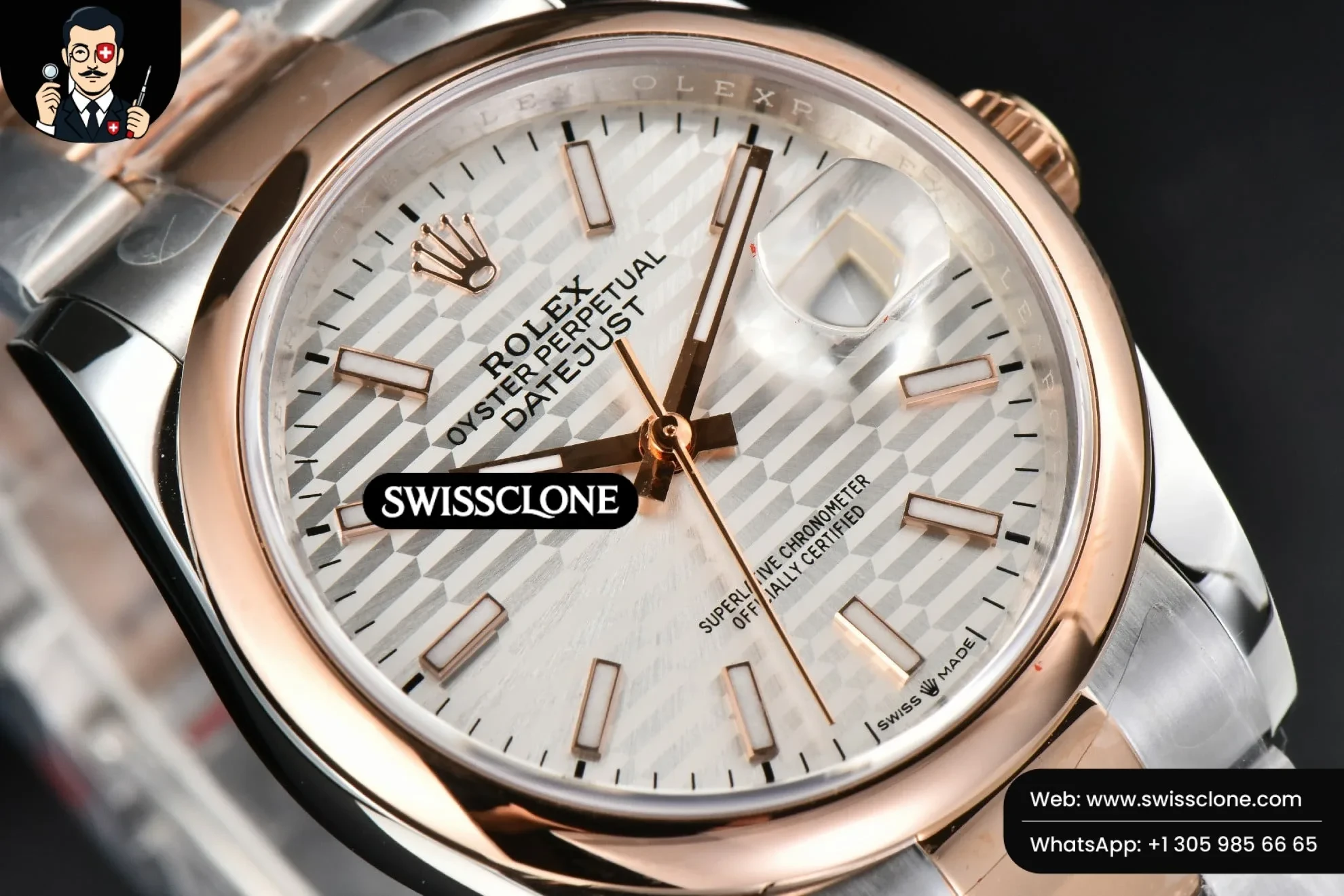 Rolex DateJust 36mm RG/SS Diamodn Bezel Silver Motif Dial Oyster 1:1 Super Clone - Clasp & Bracelet Finishing