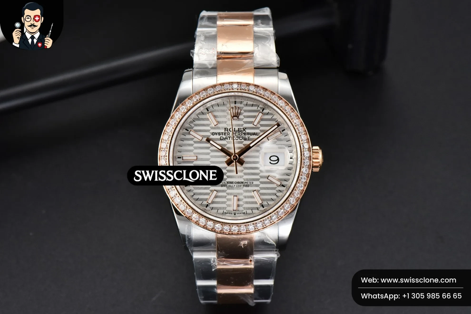 Rolex DateJust 36mm RG/SS Diamodn Bezel Silver Motif Dial Oyster 1:1 Super Clone - Dial Macro Close-Up