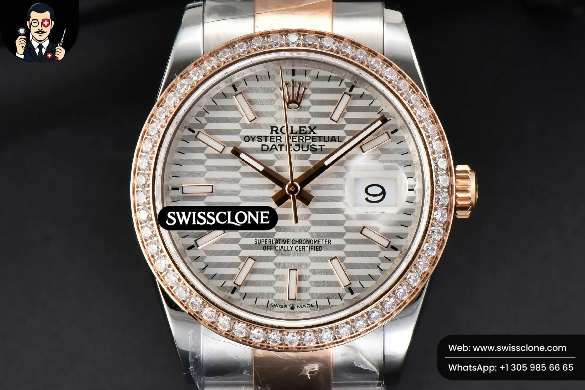 Rolex DateJust 36mm RG/SS Diamodn Bezel Silver Motif Dial Oyster