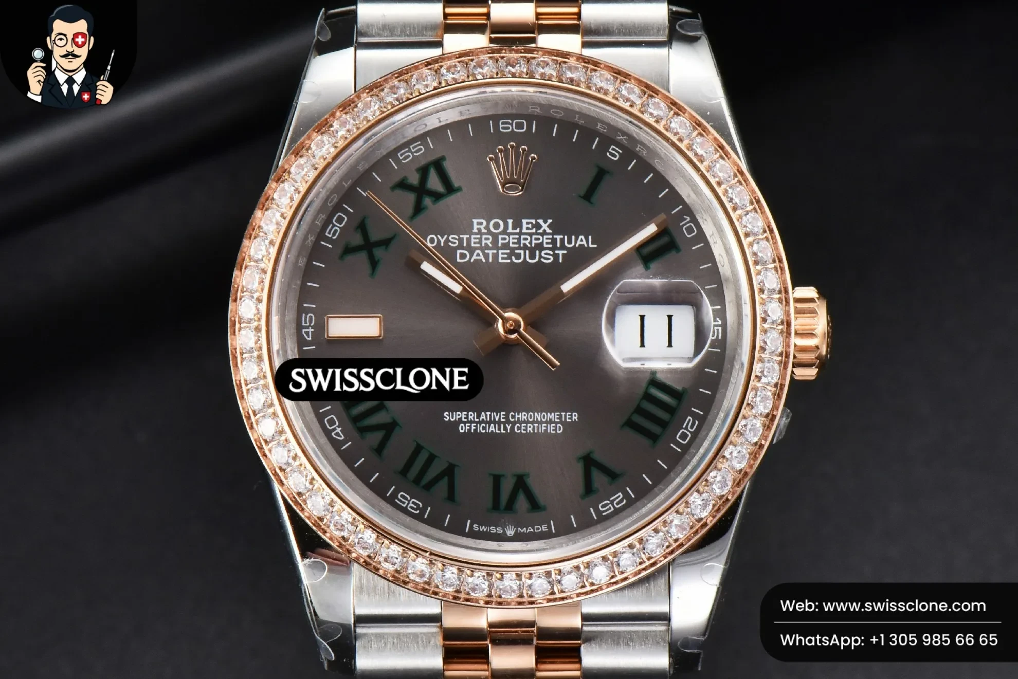 Rolex DateJust 36mm RG/SS Diamond Bezel Gray Wimbledon Dial Jubilee