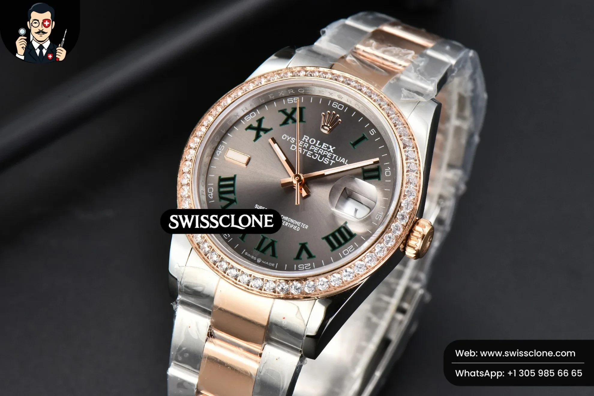 Rolex DateJust 36mm RG/SS Diamond Bezel Gray Wimbledon Dial Oyster 1:1 Super Clone - Bezel & Case Profile