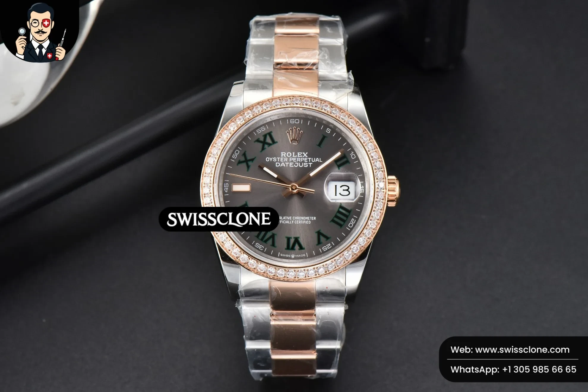 Rolex DateJust 36mm RG/SS Diamond Bezel Gray Wimbledon Dial Oyster 1:1 Super Clone - Dial Macro Close-Up