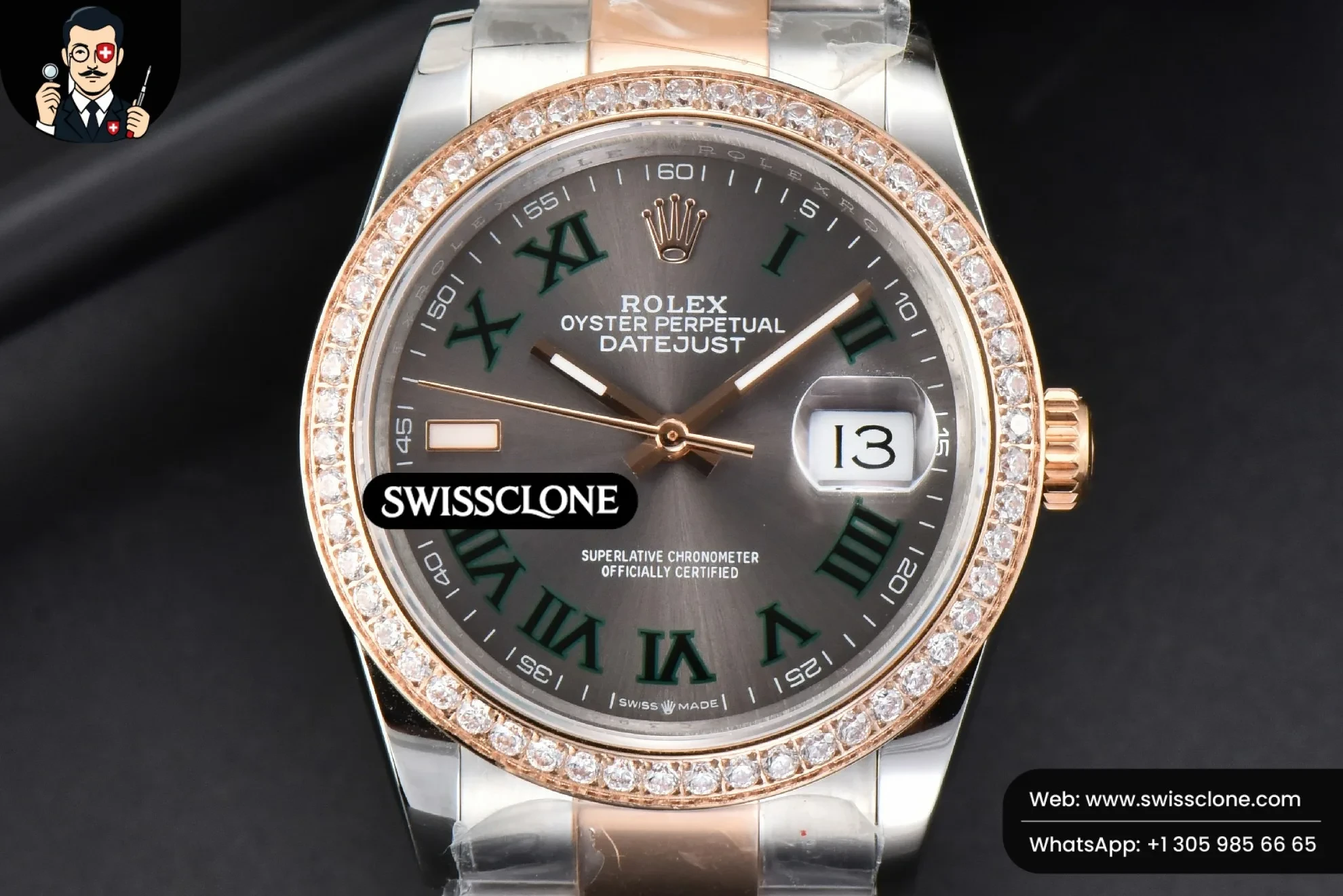 Rolex DateJust 36mm RG/SS Diamond Bezel Gray Wimbledon Dial Oyster
