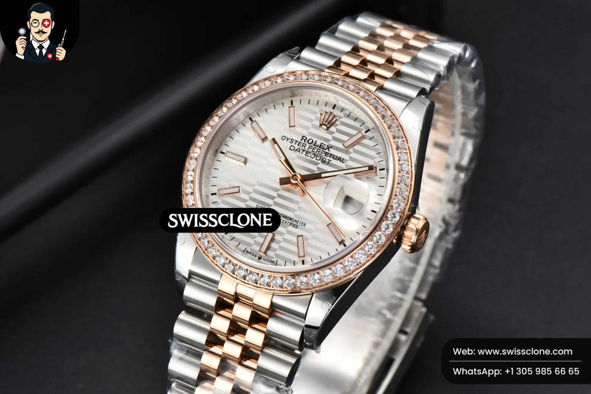 Rolex DateJust 36mm RG/SS Diamond Bezel Silver Motif Dial Jubilee 1:1 Super Clone - Bezel & Case Profile