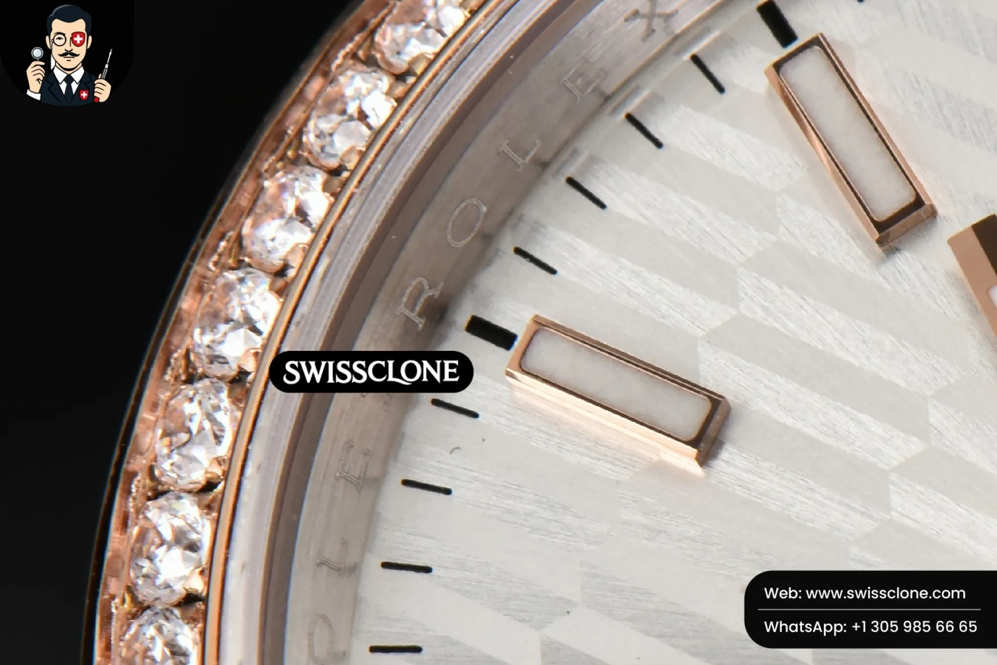 Rolex DateJust 36mm RG/SS Diamond Bezel Silver Motif Dial Jubilee 1:1 Super Clone - Caseback & Cloned Calibre Movement