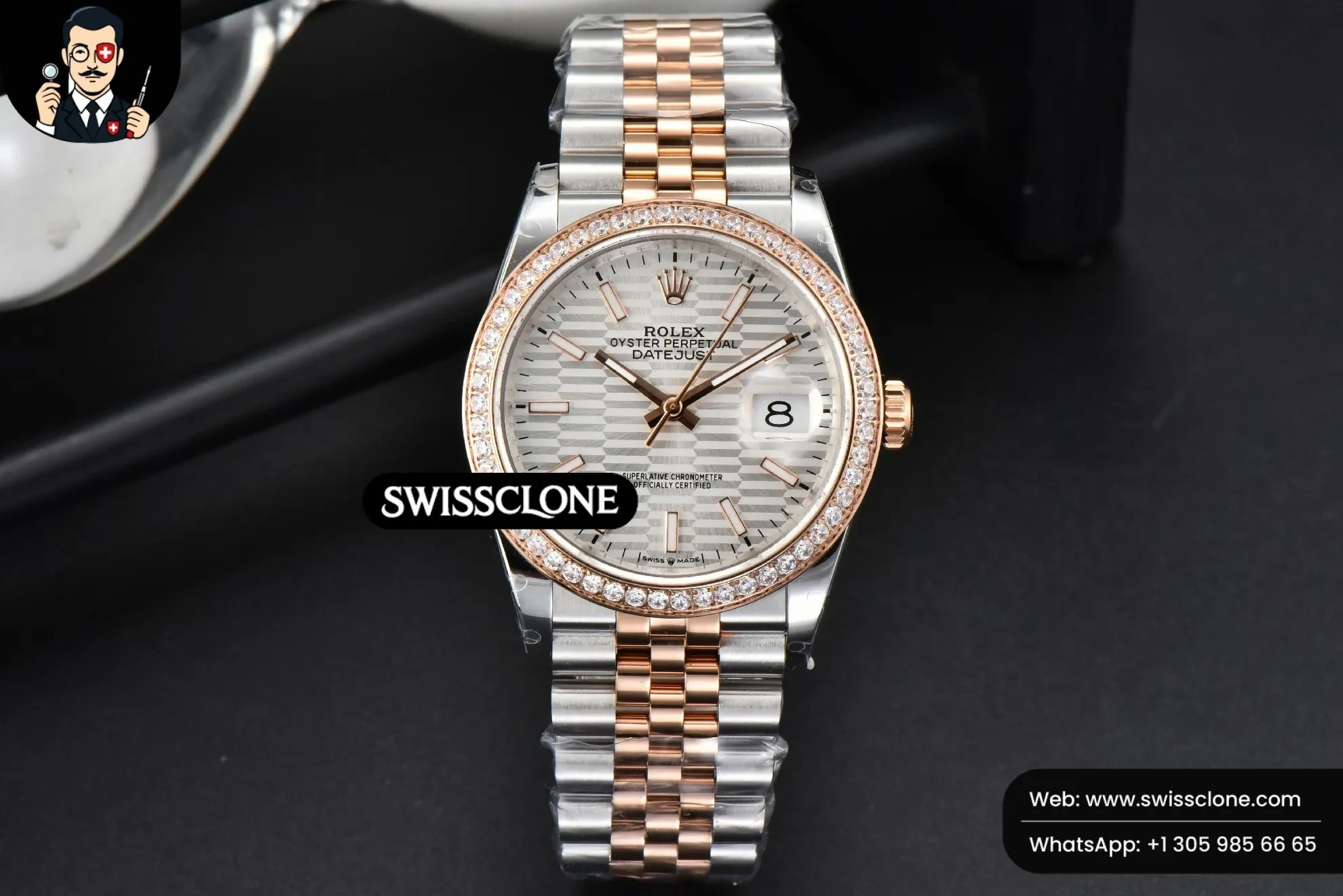 Rolex DateJust 36mm RG/SS Diamond Bezel Silver Motif Dial Jubilee 1:1 Super Clone - Dial Macro Close-Up