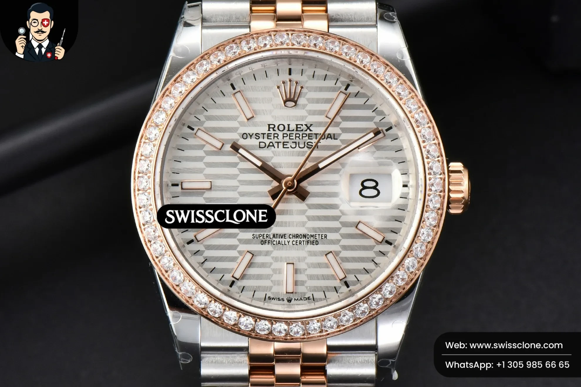 Rolex DateJust 36mm RG/SS Diamond Bezel Silver Motif Dial Jubilee