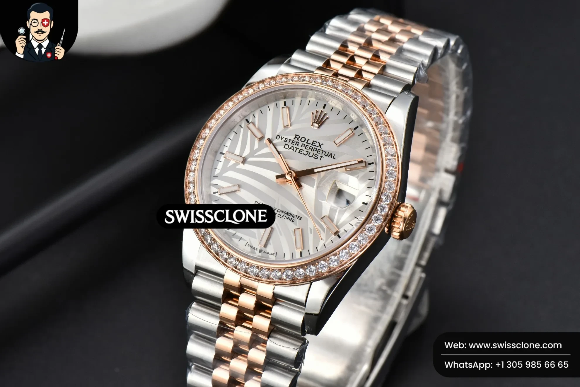 Rolex DateJust 36mm RG/SS Diamond Bezel Silver Plam Dial Jubilee 1:1 Super Clone - Bezel & Case Profile