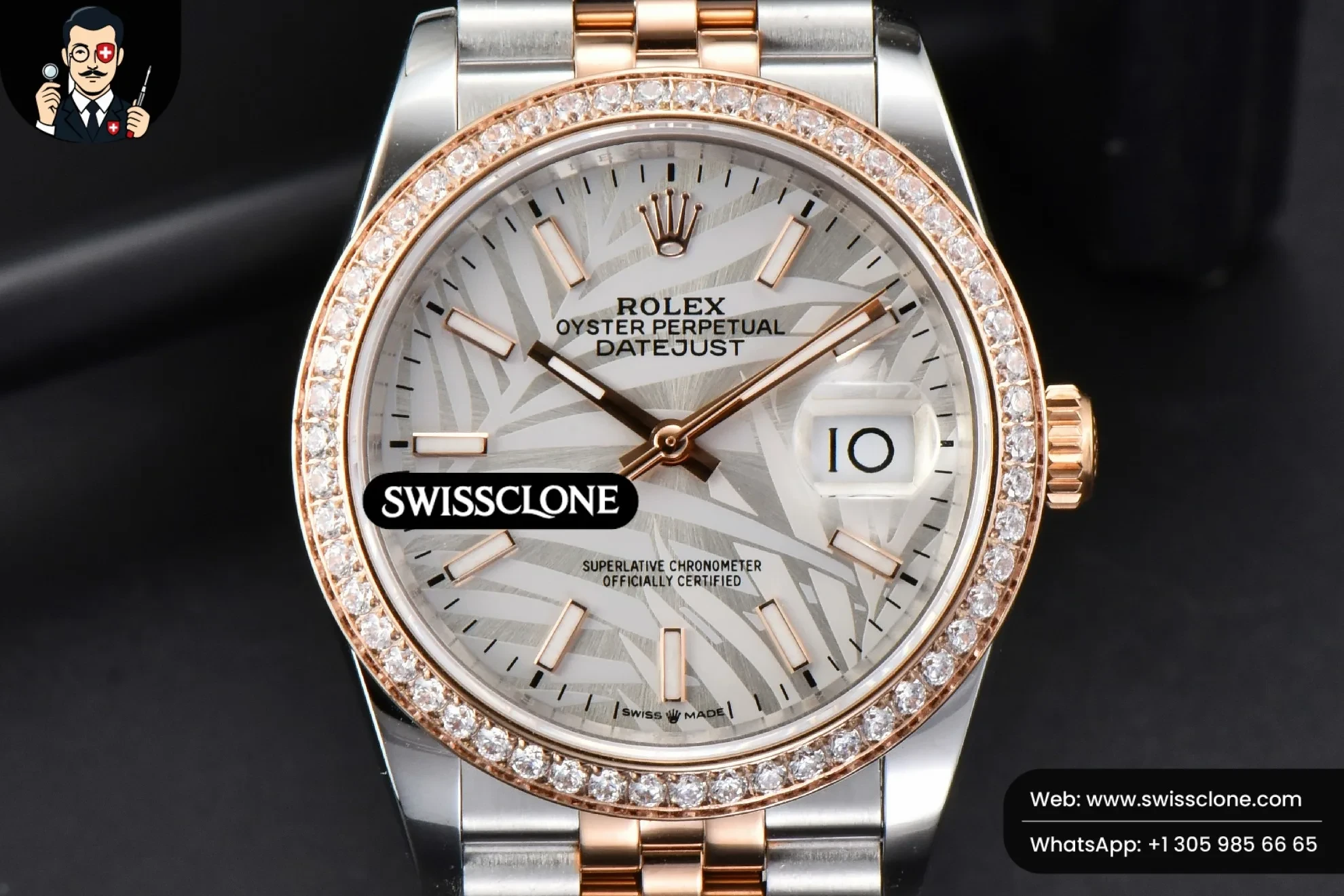 Rolex DateJust 36mm RG/SS Diamond Bezel Silver Plam Dial Jubilee