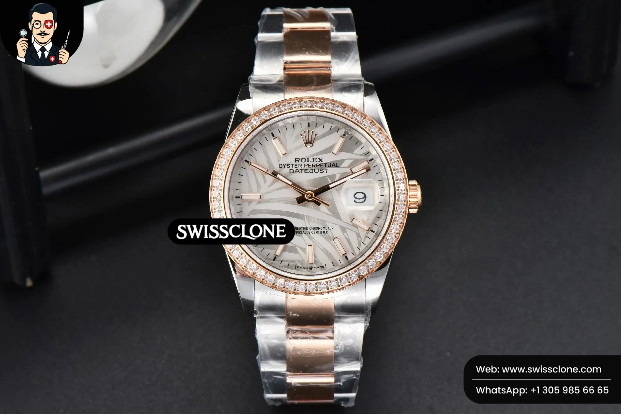 Rolex DateJust 36mm RG/SS Diamond Bezel Silver Plam Dial Oyster 1:1 Super Clone - Dial Macro Close-Up