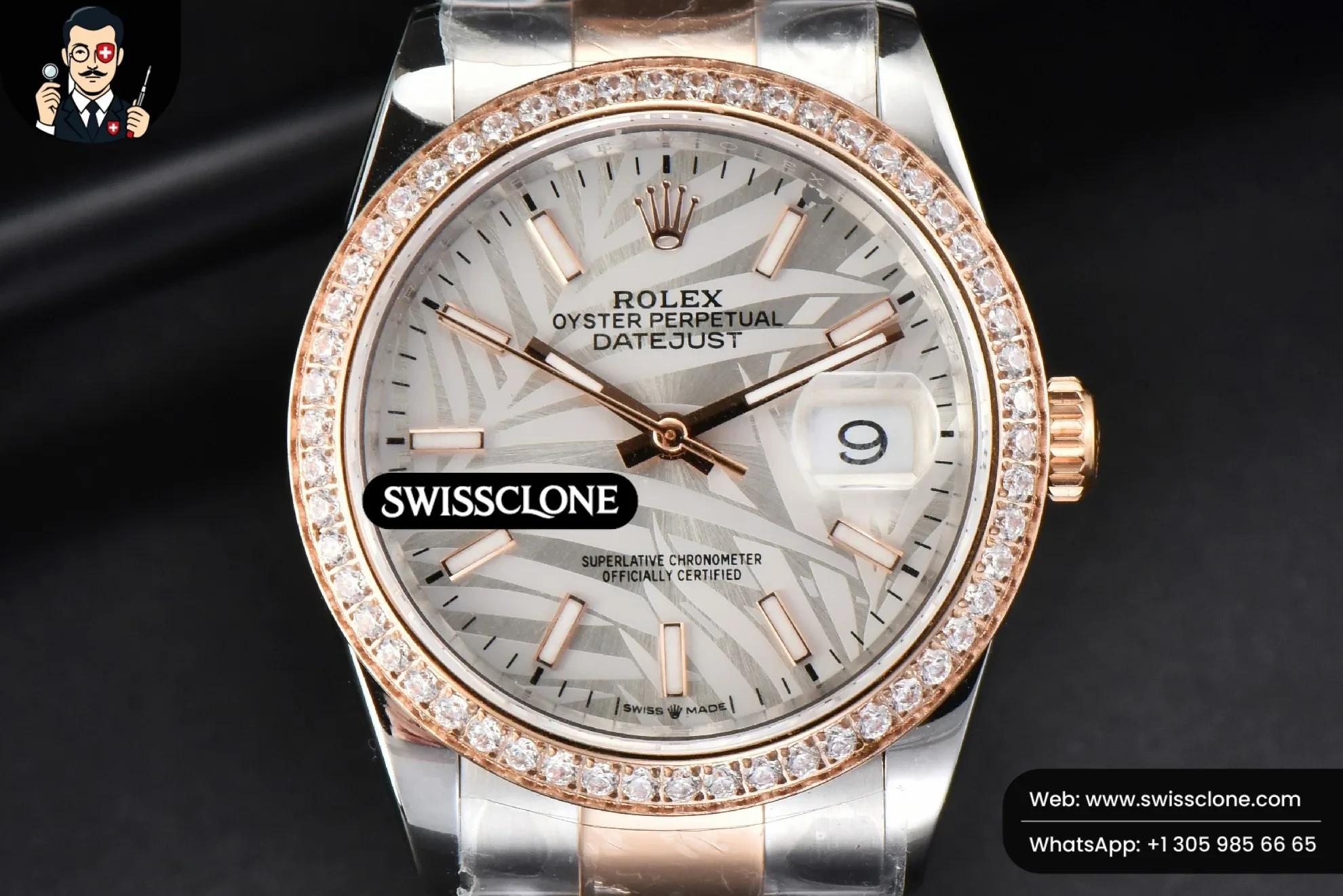 Rolex DateJust 36mm RG/SS Diamond Bezel Silver Plam Dial Oyster