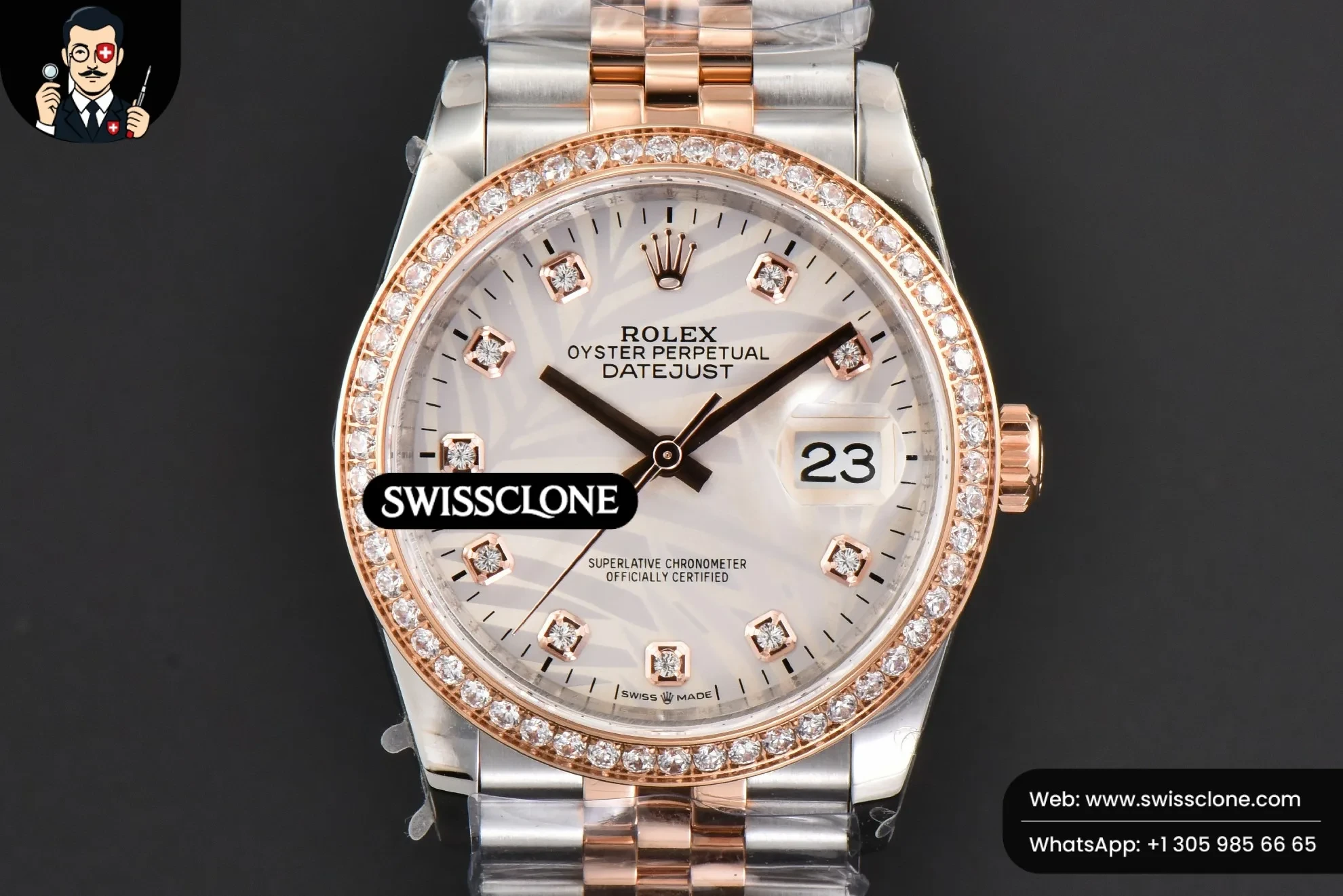 Rolex DateJust 36mm RG/SS Diamond Silver Plam Dial Diamond Marker Jubilee 2824