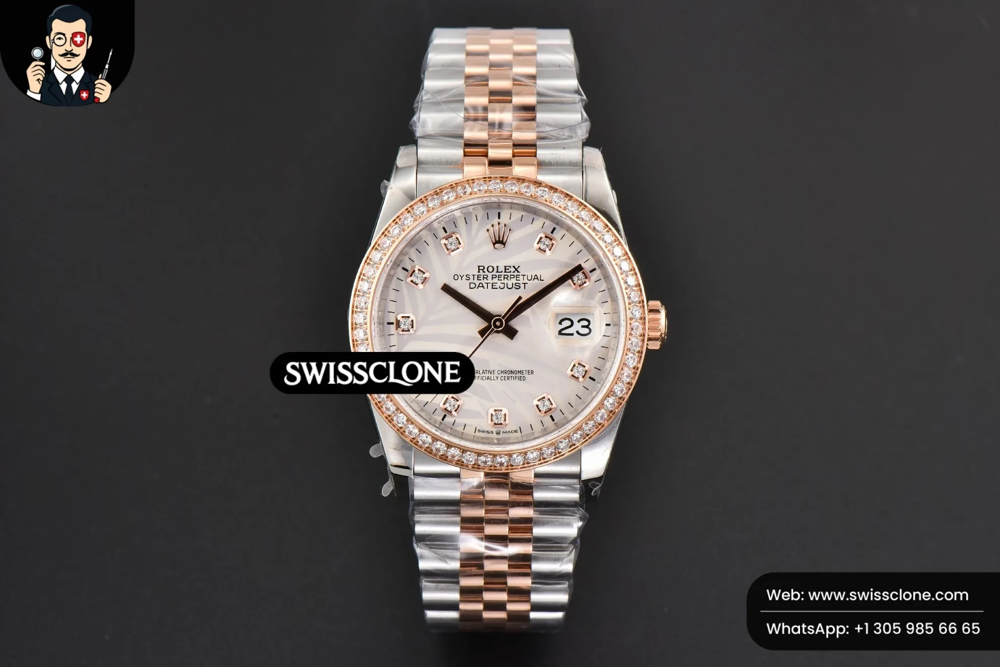 Rolex DateJust 36mm RG/SS Diamond Silver Plam Dial Diamond Marker Jubilee 3235 1:1 Super Clone - Dial Macro Close-Up