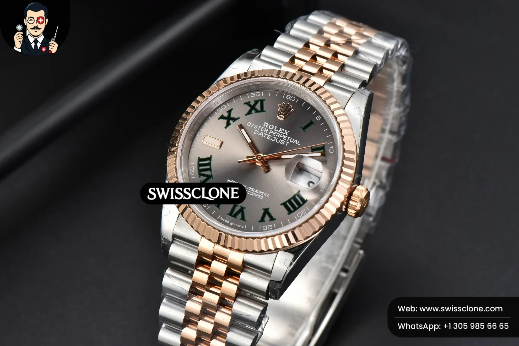 Rolex DateJust 36mm RG/SS Fluted Bezel Gray Wimbledon Dial Jubilee 1:1 Super Clone - Bezel & Case Profile