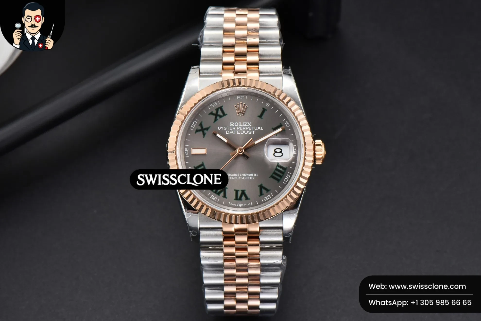 Rolex DateJust 36mm RG/SS Fluted Bezel Gray Wimbledon Dial Jubilee 1:1 Super Clone - Dial Macro Close-Up