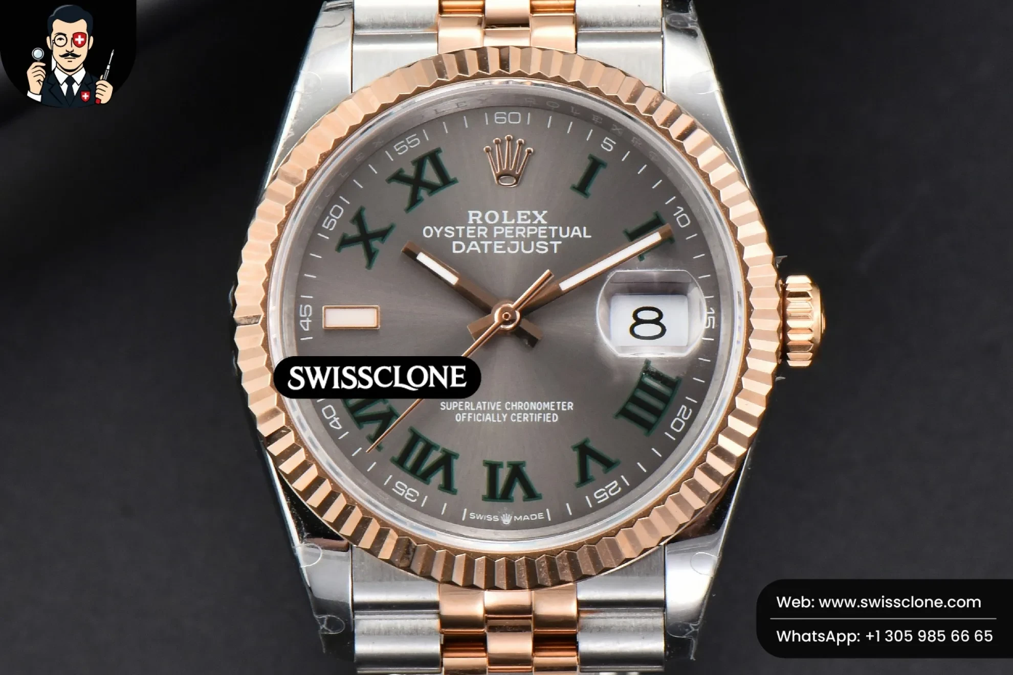 Rolex DateJust 36mm RG/SS Fluted Bezel Gray Wimbledon Dial Jubilee