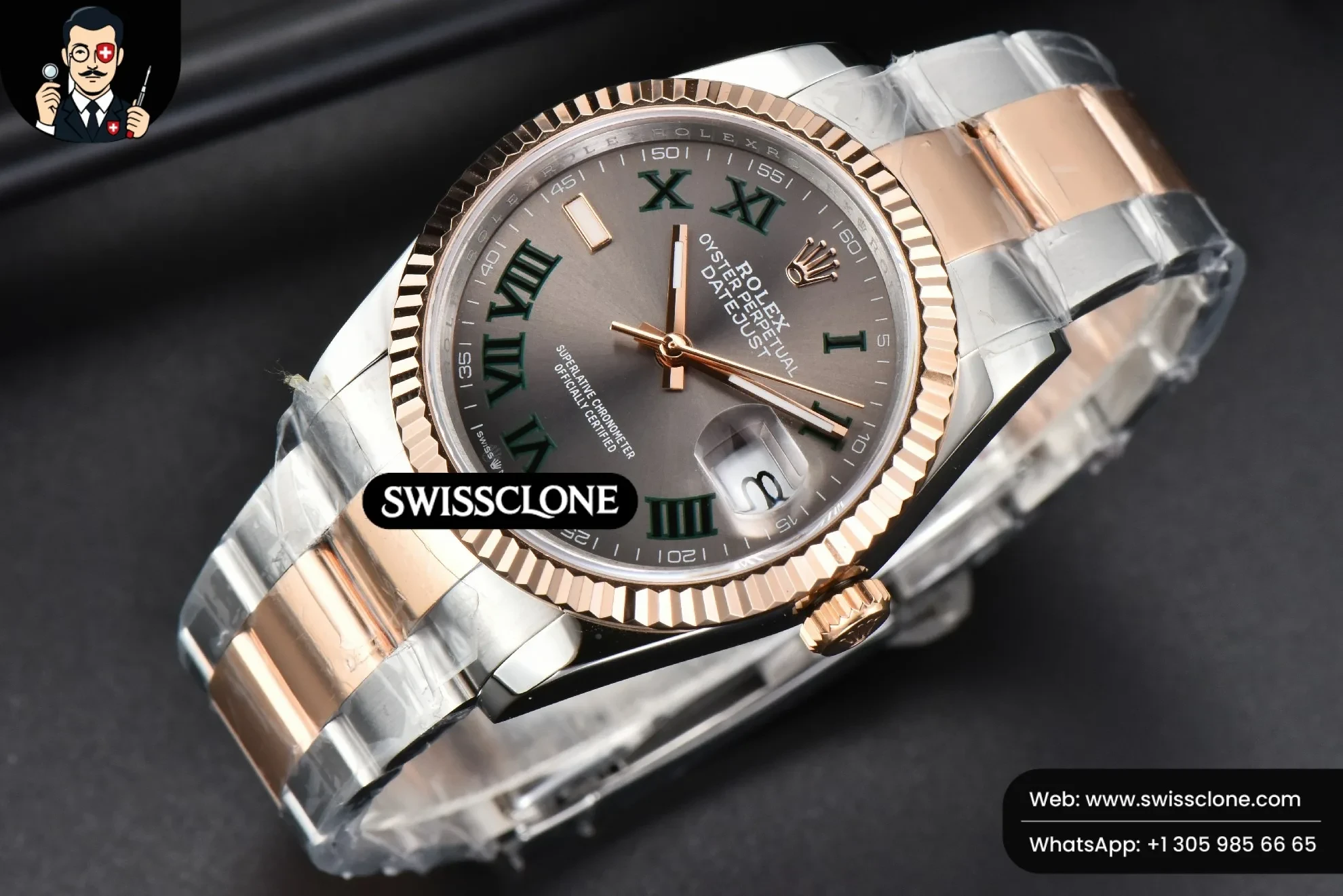 Rolex DateJust 36mm RG/SS Fluted Bezel Gray Wimbledon Dial Oyster 1:1 Super Clone - Bezel & Case Profile