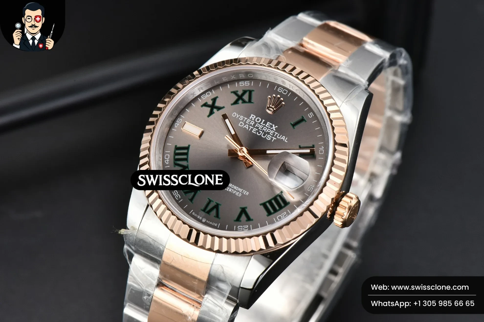 Rolex DateJust 36mm RG/SS Fluted Bezel Gray Wimbledon Dial Oyster 1:1 Super Clone - Clasp & Bracelet Finishing