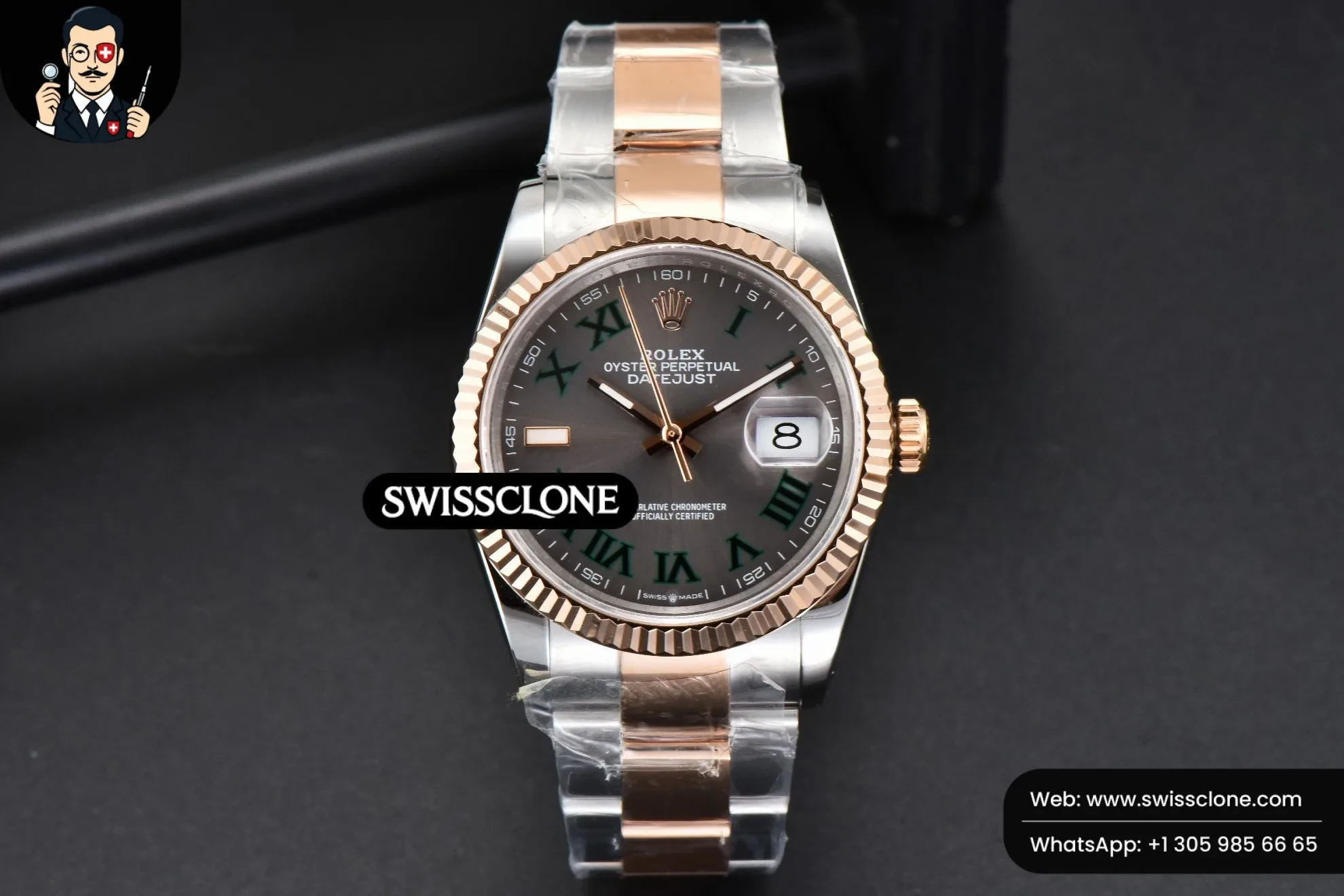 Rolex DateJust 36mm RG/SS Fluted Bezel Gray Wimbledon Dial Oyster 1:1 Super Clone - Dial Macro Close-Up