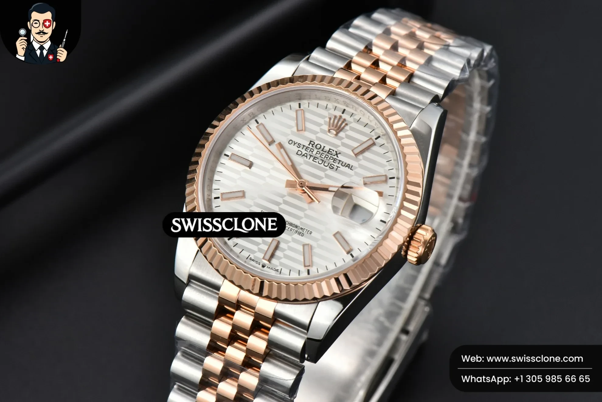 Rolex DateJust 36mm RG/SS Fluted Bezel Silver Motif Dial Jubilee 1:1 Super Clone - Bezel & Case Profile