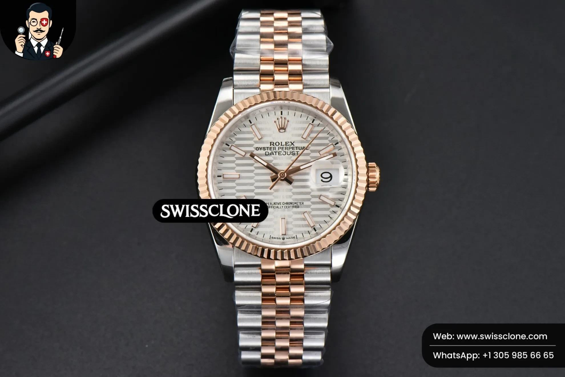 Rolex DateJust 36mm RG/SS Fluted Bezel Silver Motif Dial Jubilee 1:1 Super Clone - Dial Macro Close-Up