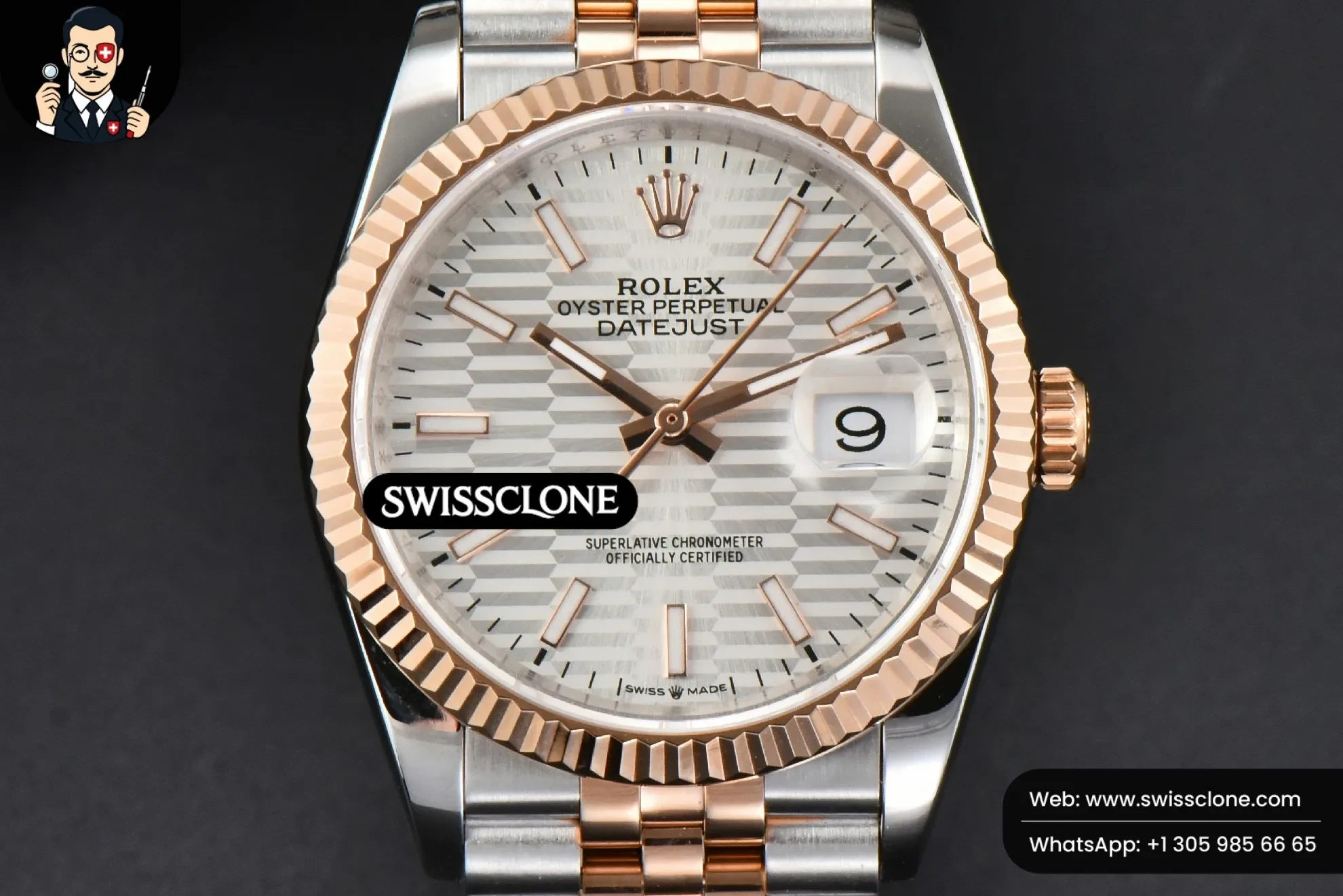Rolex DateJust 36mm RG/SS Fluted Bezel Silver Motif Dial Jubilee