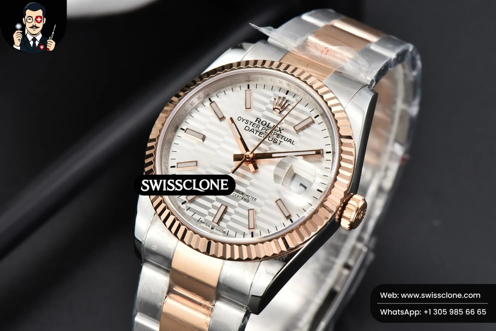 Rolex DateJust 36mm RG/SS Fluted Bezel Silver Motif Dial Oyster 1:1 Super Clone - Clasp & Bracelet Finishing
