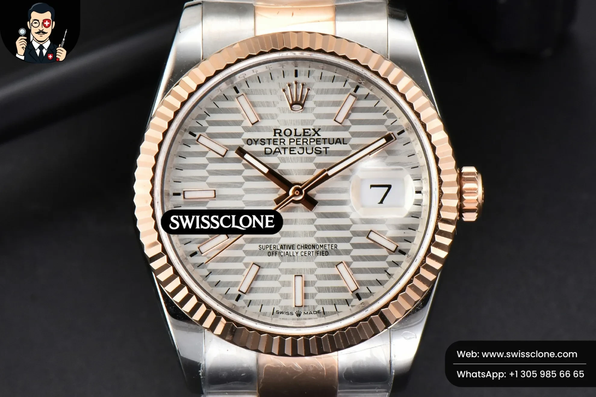 Rolex DateJust 36mm RG/SS Fluted Bezel Silver Motif Dial Oyster