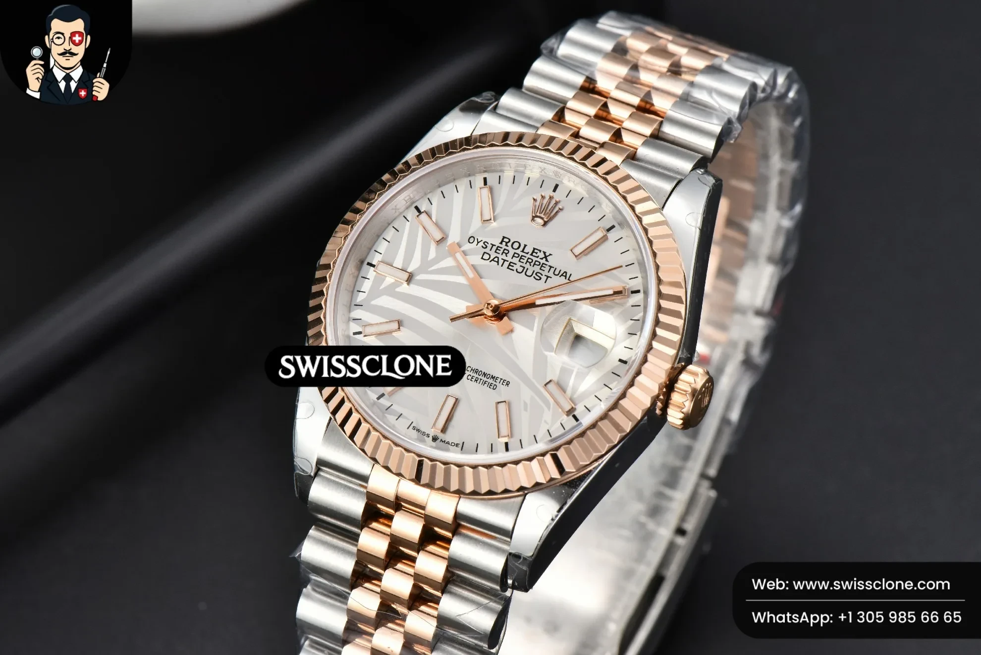 Rolex DateJust 36mm RG/SS Fluted Bezel Silver Plam Dial Jubilee 1:1 Super Clone - Bezel & Case Profile
