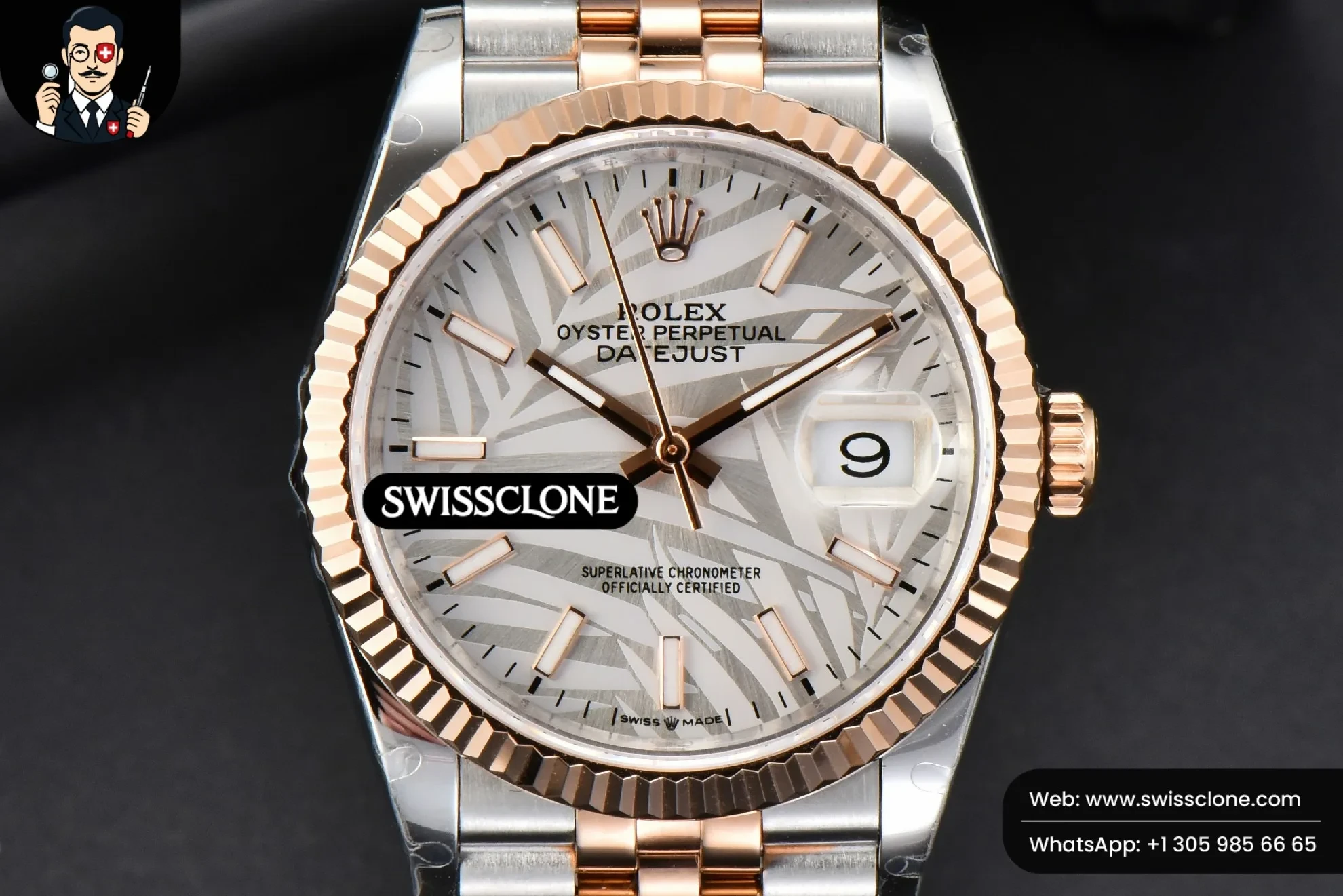 Rolex DateJust 36mm RG/SS Fluted Bezel Silver Plam Dial Jubilee
