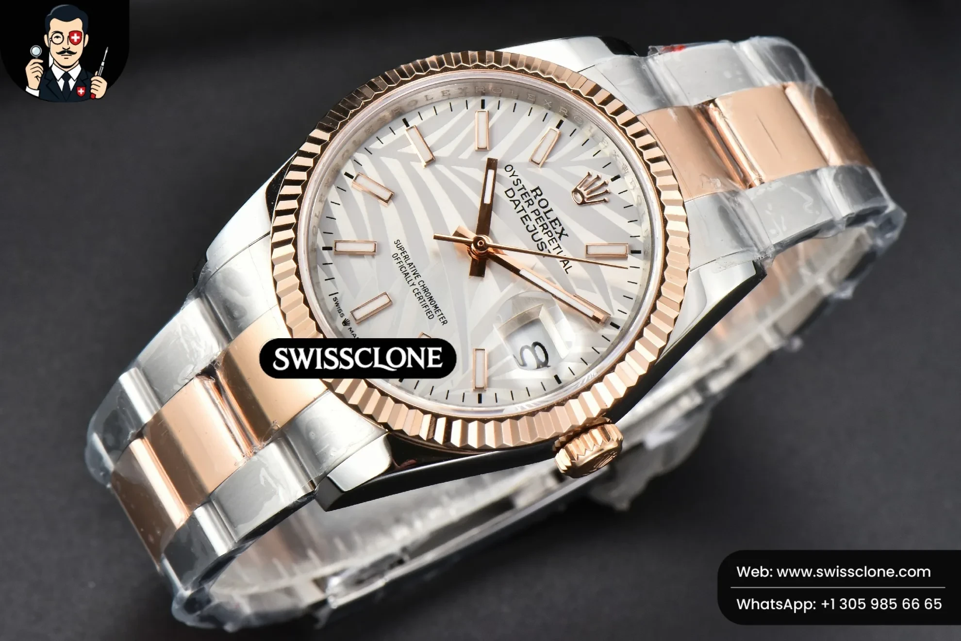 Rolex DateJust 36mm RG/SS Fluted Bezel Silver Plam Dial Oyster 1:1 Super Clone - Bezel & Case Profile