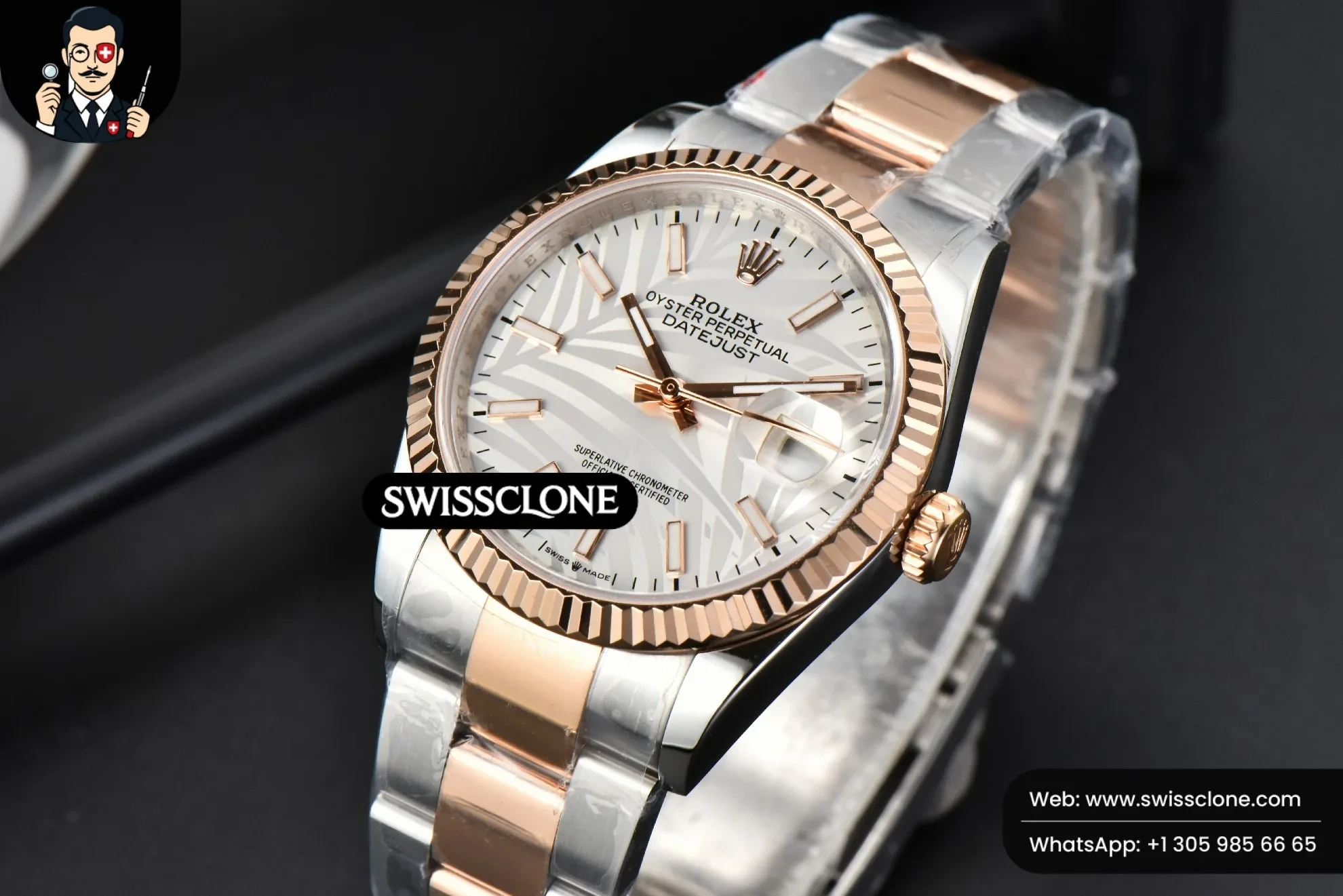Rolex DateJust 36mm RG/SS Fluted Bezel Silver Plam Dial Oyster 1:1 Super Clone - Clasp & Bracelet Finishing