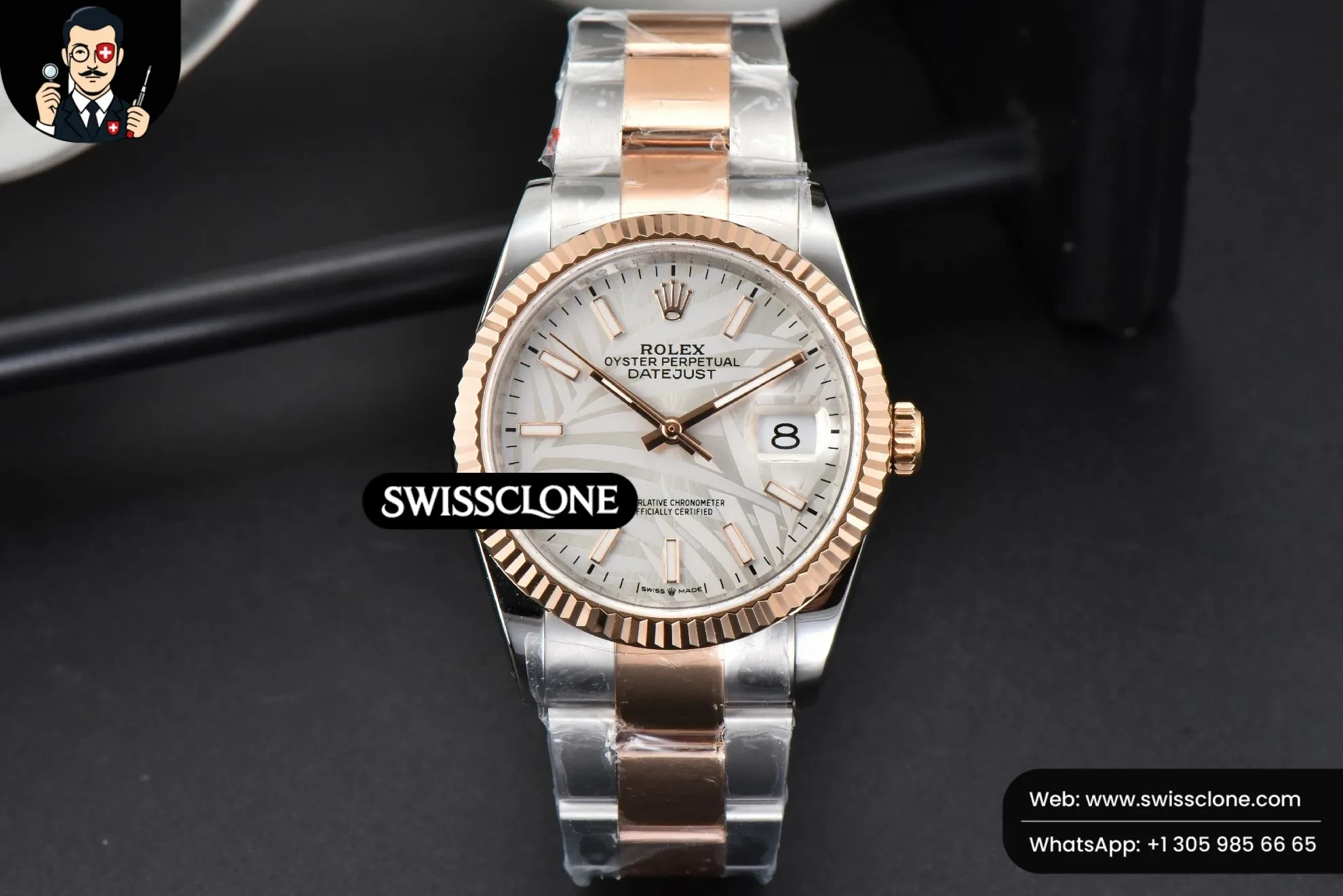 Rolex DateJust 36mm RG/SS Fluted Bezel Silver Plam Dial Oyster 1:1 Super Clone - Dial Macro Close-Up