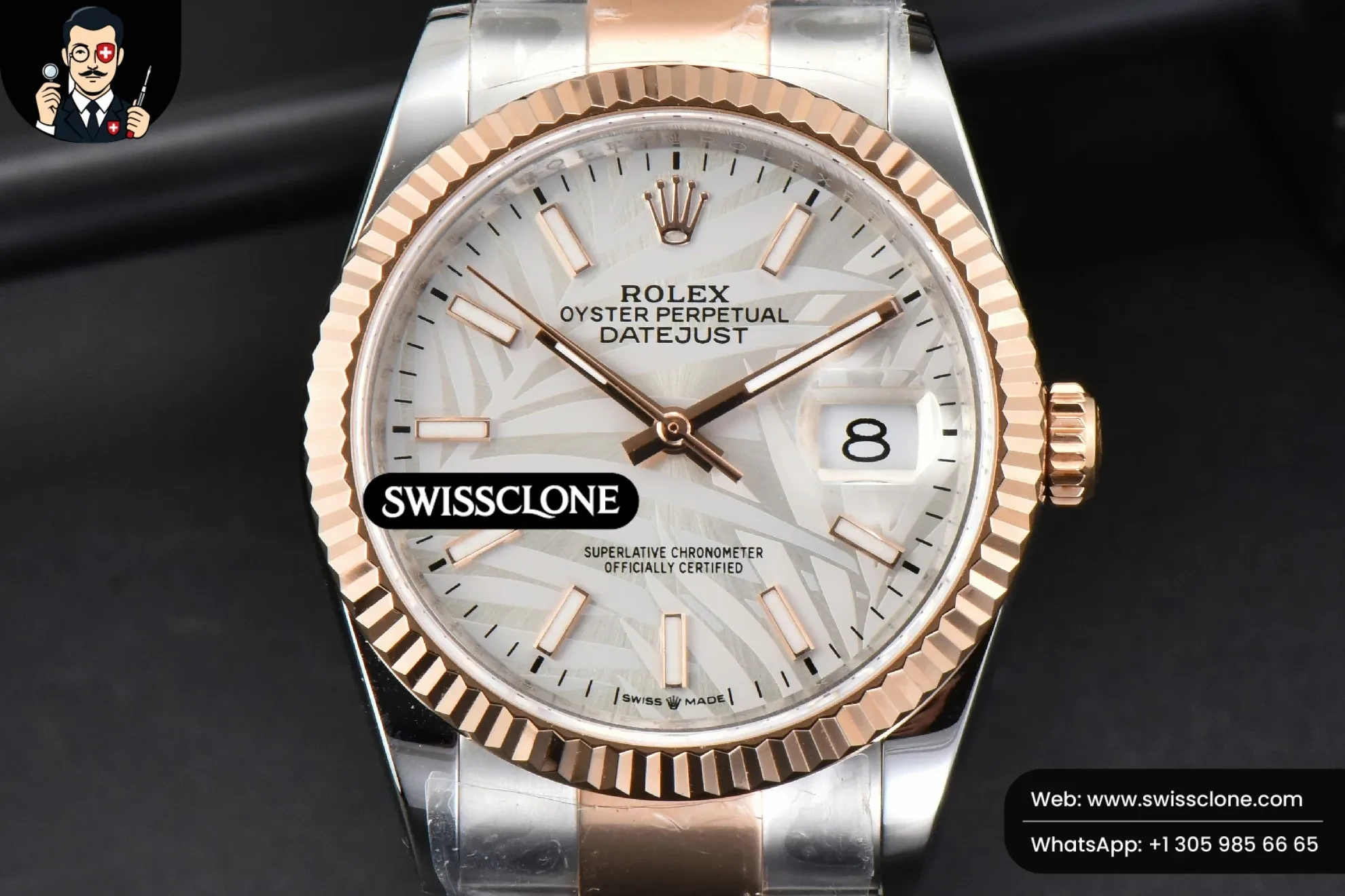 Rolex DateJust 36mm RG/SS Fluted Bezel Silver Plam Dial Oyster