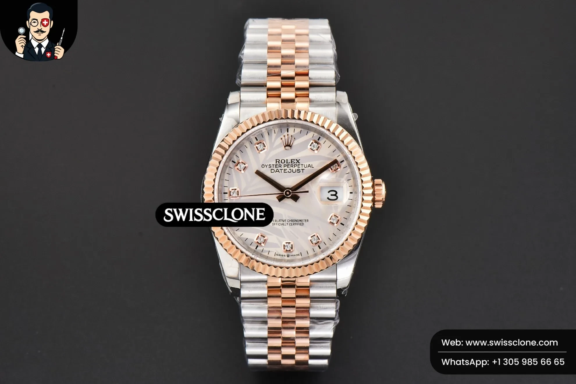 Rolex DateJust 36mm RG/SS Fluted Silver Plam Dial Diamond Marker Jubilee 2824 1:1 Super Clone - Dial Macro Close-Up