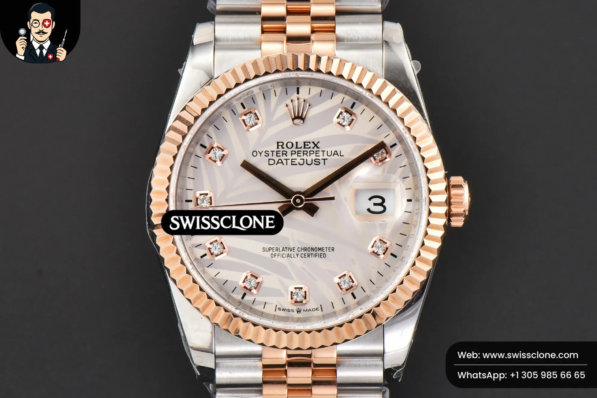 Rolex DateJust 36mm RG/SS Fluted Silver Plam Dial Diamond Marker Jubilee 2824