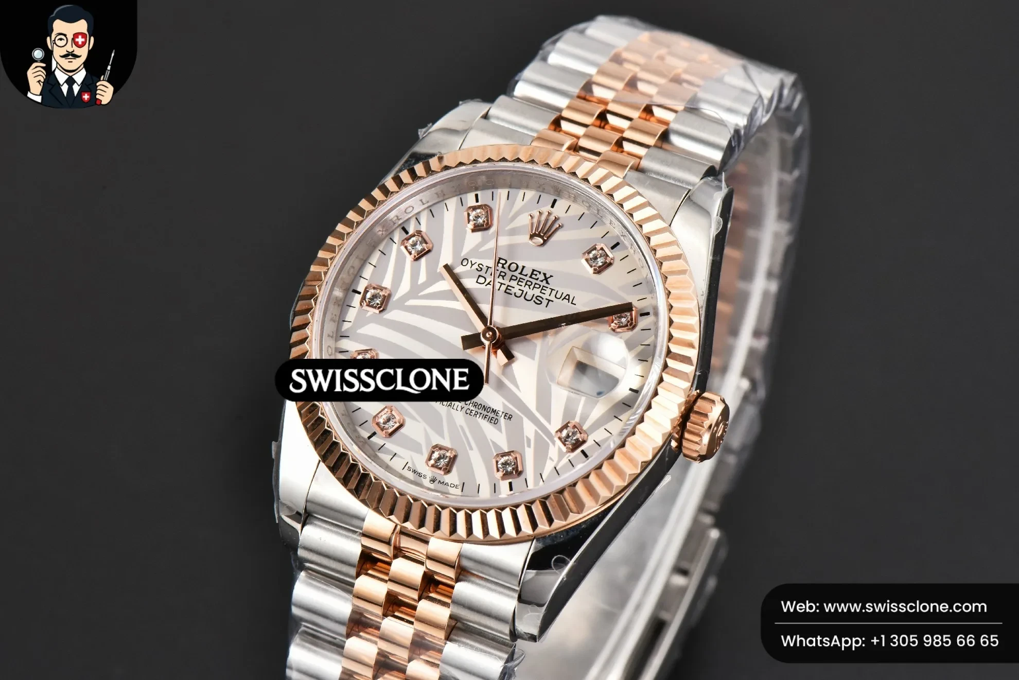 Rolex DateJust 36mm RG/SS Fluted Silver Plam Dial Diamond Marker Jubilee 3235 1:1 Super Clone - Bezel & Case Profile