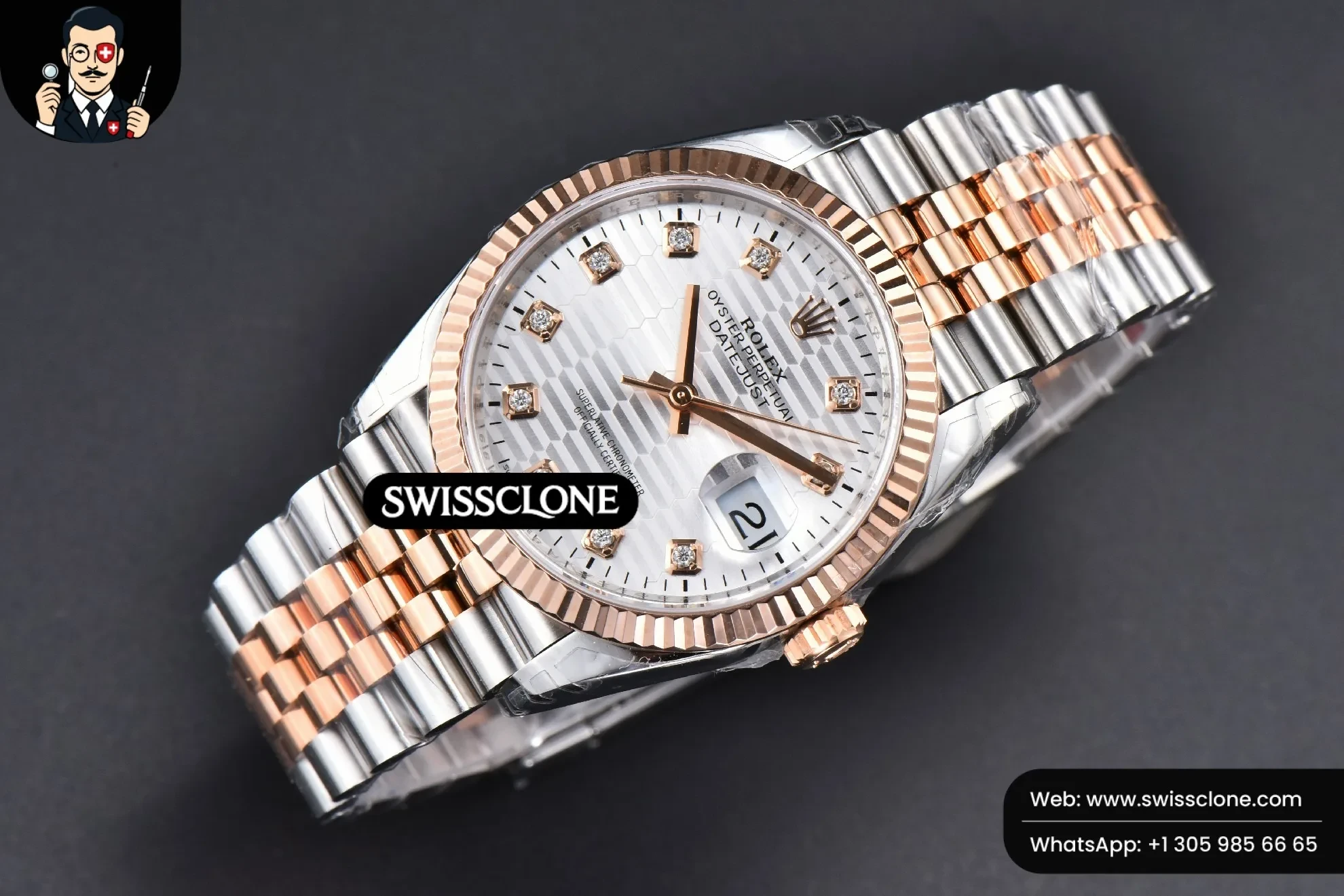 Rolex DateJust 36mm RG/SS Silver Motif Dial Diamond Marker Jubilee VS3235 1:1 Super Clone - Bezel & Case Profile