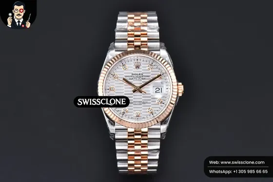 Rolex DateJust 36mm RG/SS Silver Motif Dial Diamond Marker Jubilee VS3235 1:1 Super Clone - Dial Macro Close-Up