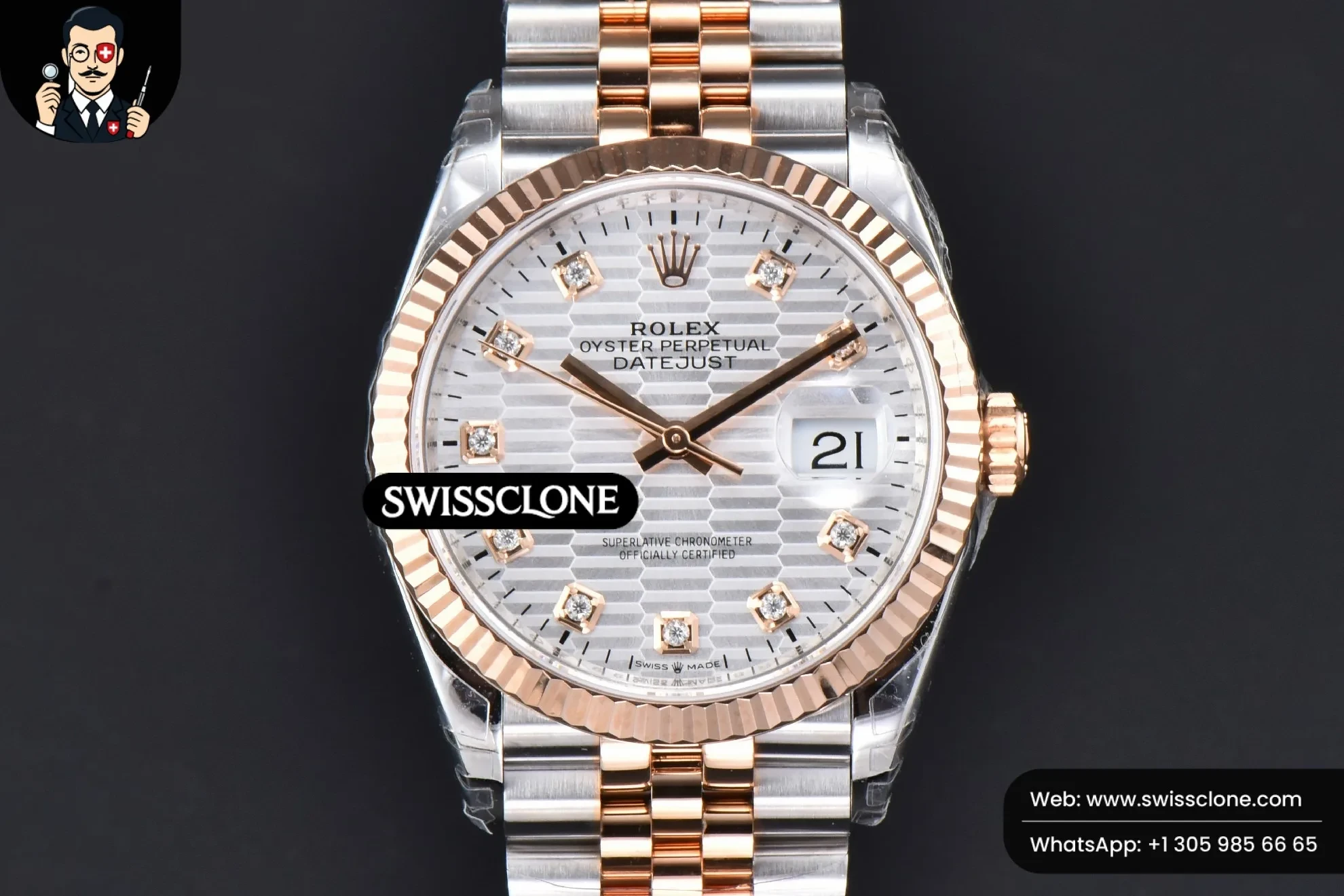 Rolex DateJust 36mm RG/SS Silver Motif Dial Diamond Marker Jubilee VS3235