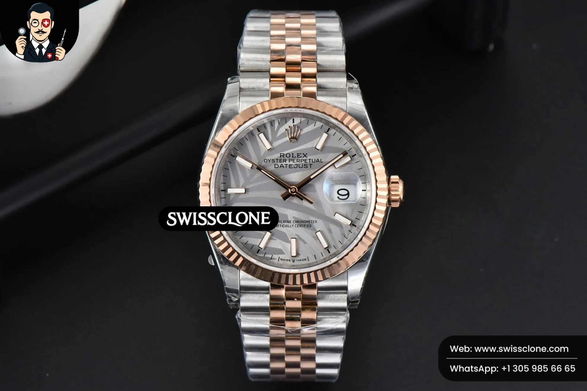 Rolex DateJust 36mm RG/SS Silver Plam Dial Jubilee 1:1 Super Clone - Dial Macro Close-Up