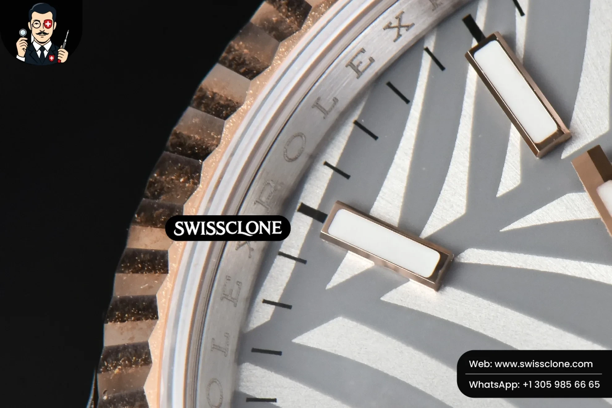 Rolex DateJust 36mm RG/SS Silver Plam Dial Oyster 1:1 Super Clone - Caseback & Cloned Calibre Movement
