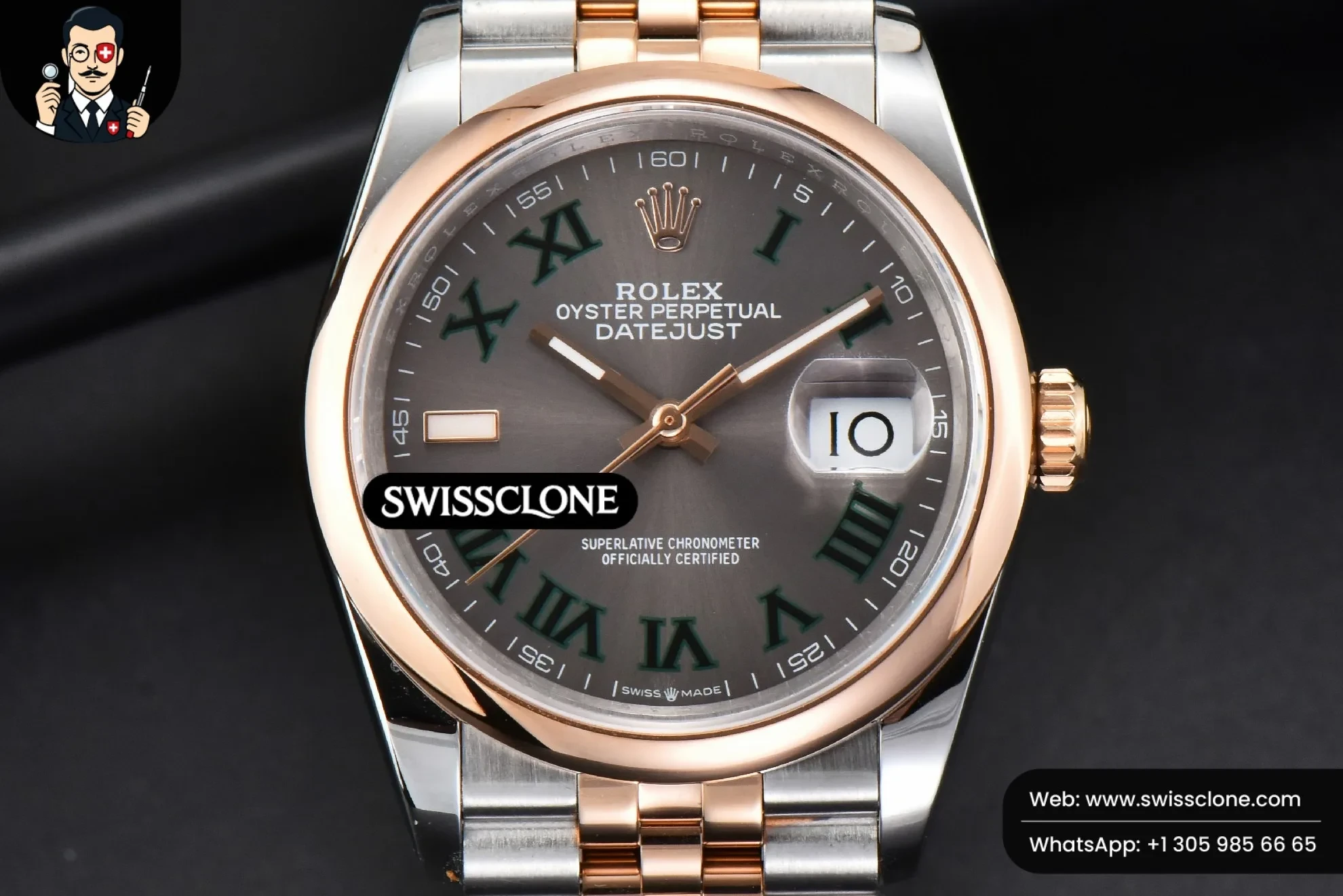 Rolex DateJust 36mm RG/SS Smooth Bezel Gray Wimbledon Dial Jubilee 1:1 Super Clone - Bezel & Case Profile
