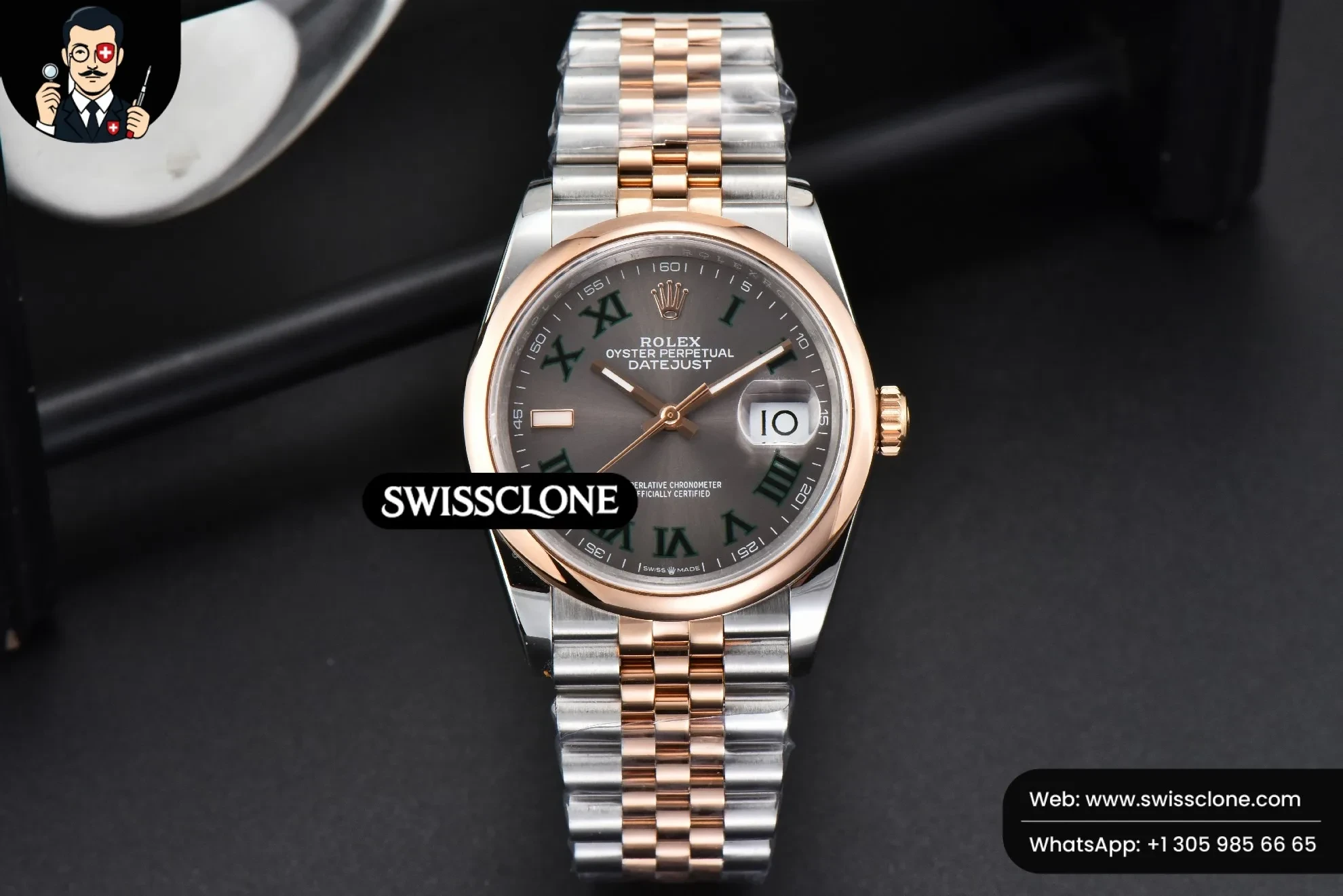 Rolex DateJust 36mm RG/SS Smooth Bezel Gray Wimbledon Dial Jubilee