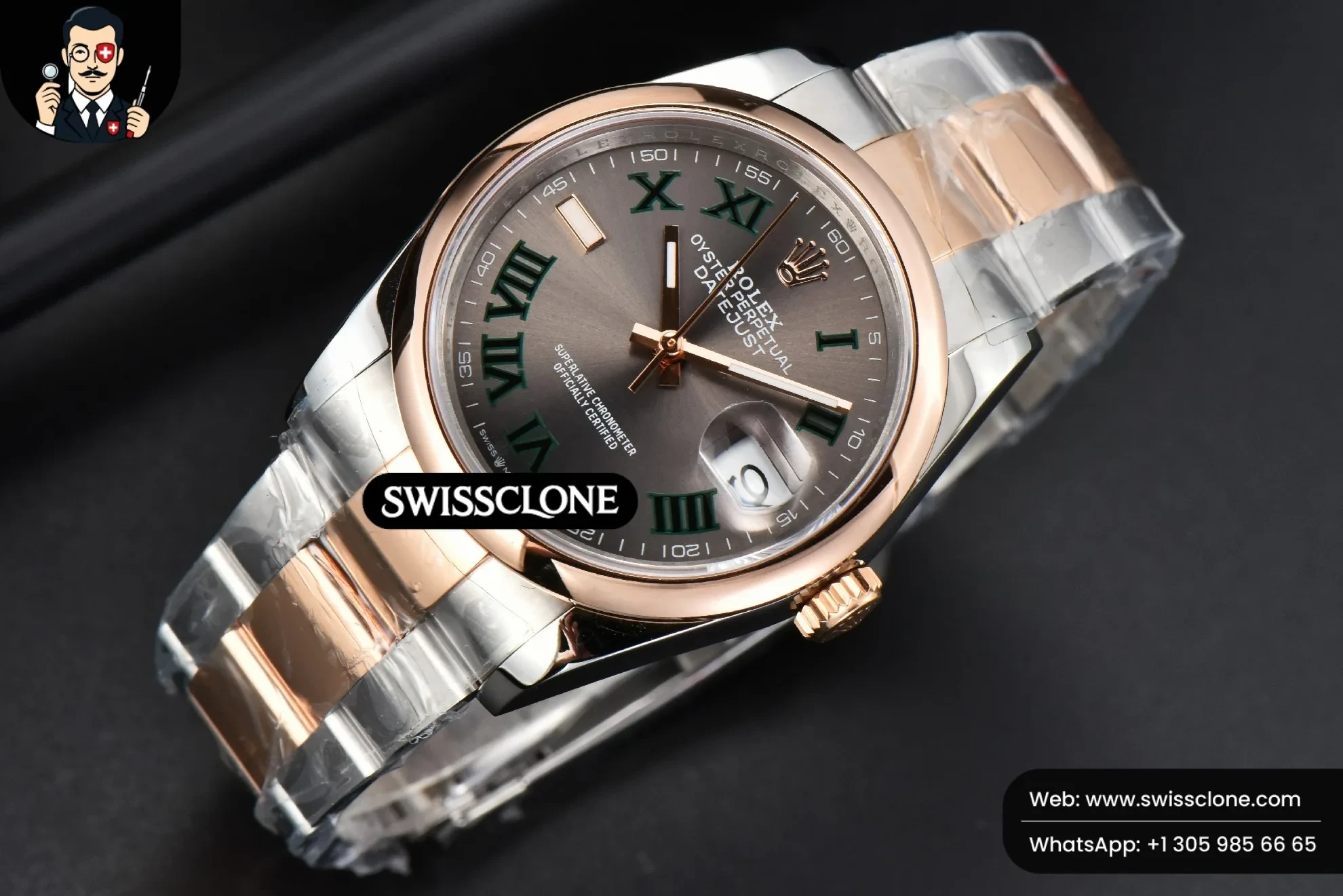 Rolex Datejust 36mm RG/SS Smooth Bezel Gray Wimbledon Dial Oyster 1:1 Super Clone - Bezel & Case Profile
