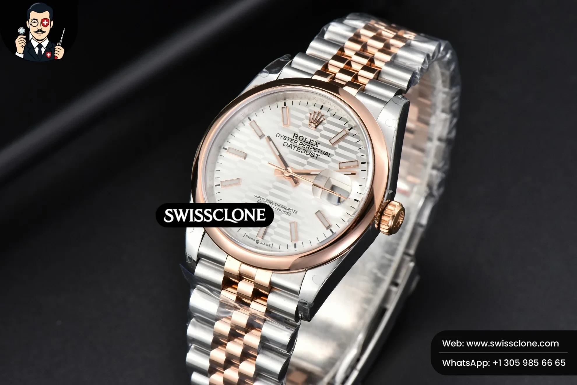 Rolex DateJust 36mm RG/SS Smooth Bezel Silver Motif Dial Jubilee 1:1 Super Clone - Bezel & Case Profile